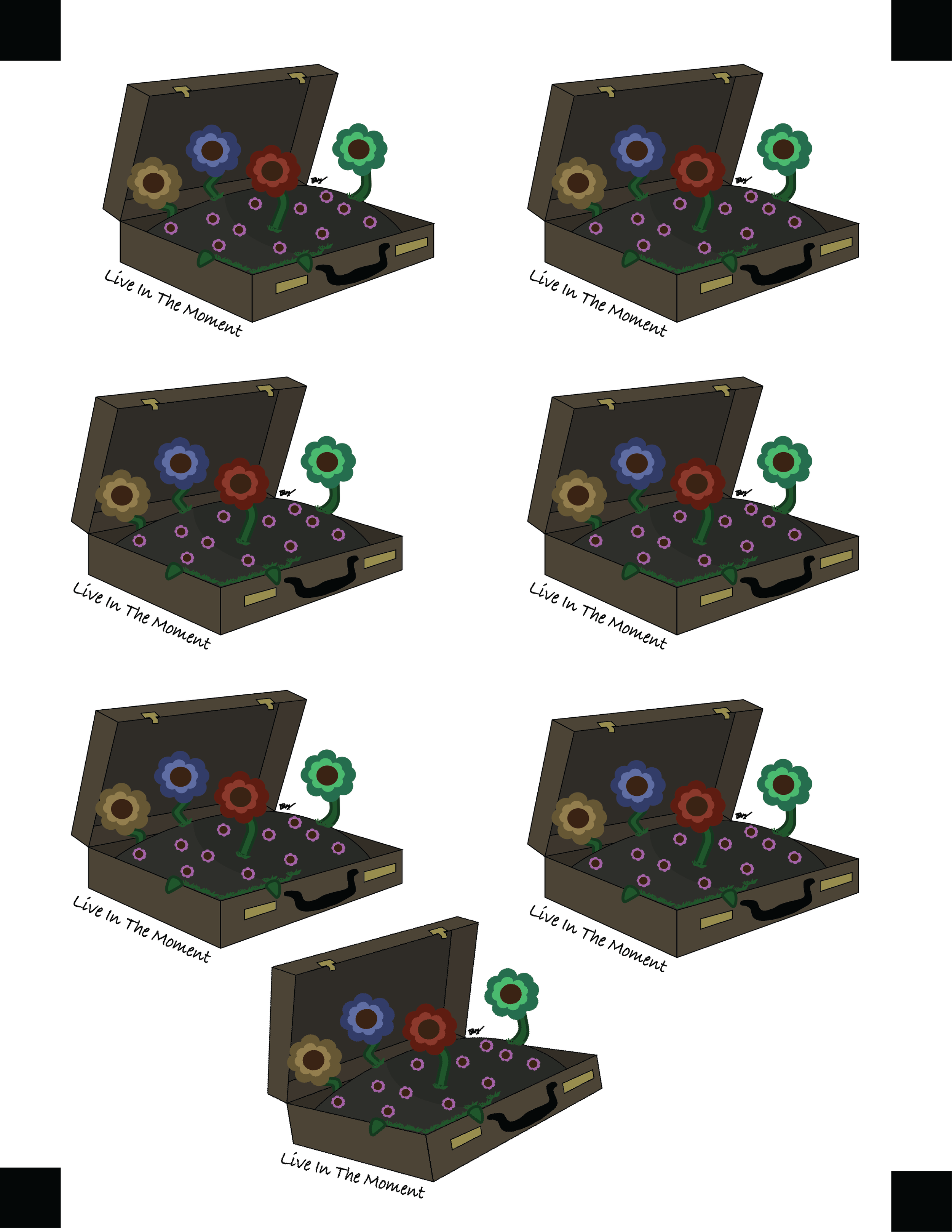 Live In The Moment Sticker Sheet. 2022, Adobe Illustrator and Cricket Cut Printer , 11” x 8.5”
