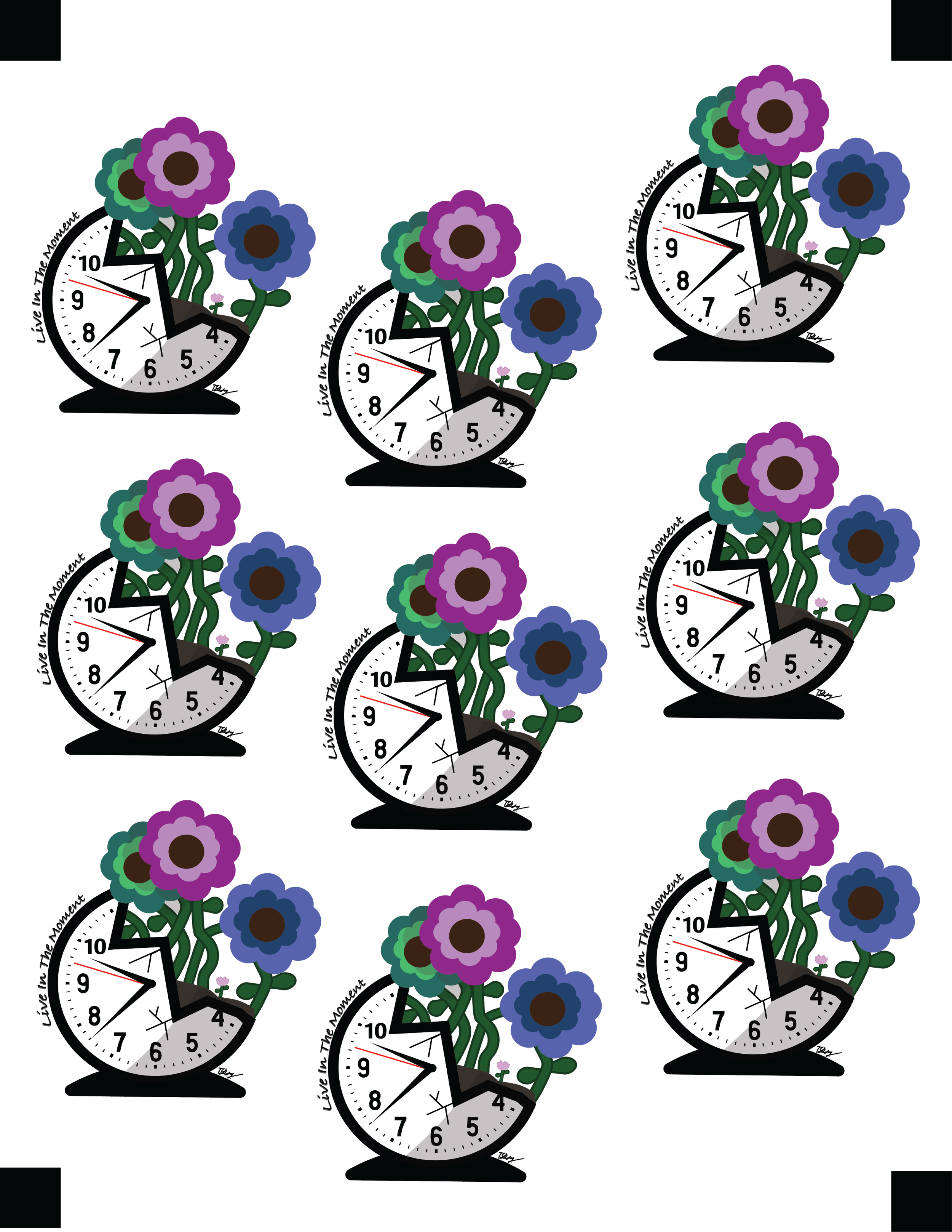 Live In The Moment Sticker Sheet. 2022, Adobe Illustrator and Cricket Cut Printer , 11” x 8.5”