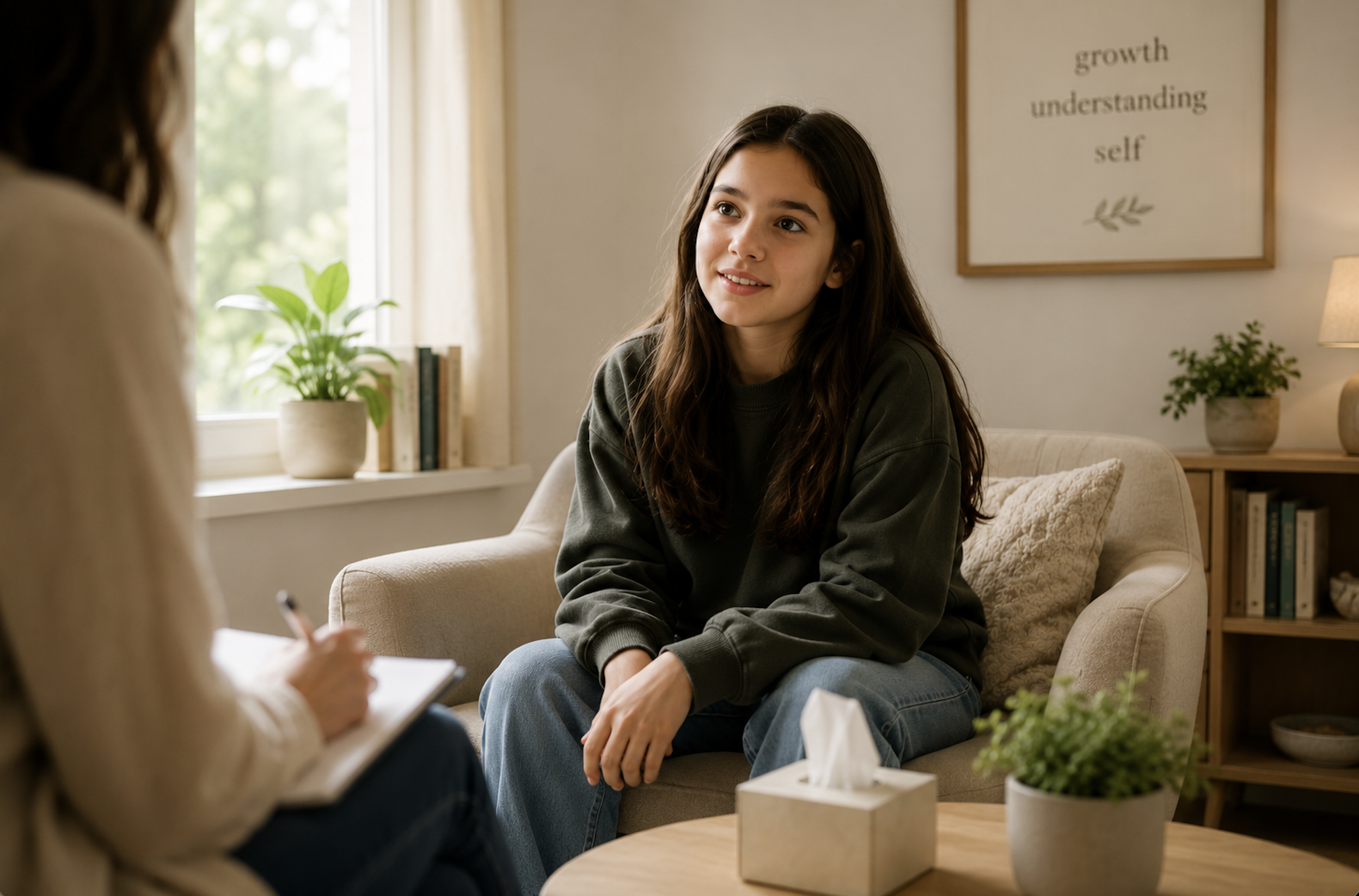 A young woman with long dark hair sitting on a beige sofa, looking at another person who is taking notes. The room has a window with light curtains, a potted plant on the windowsill, and framed motivational quote on the wall that reads 'growth understanding self'.