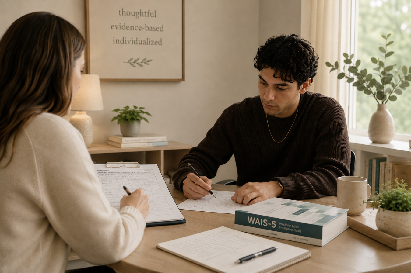 A psychologist conducting a psychological evaluation with a male patient in a well-lit room with plants and books.