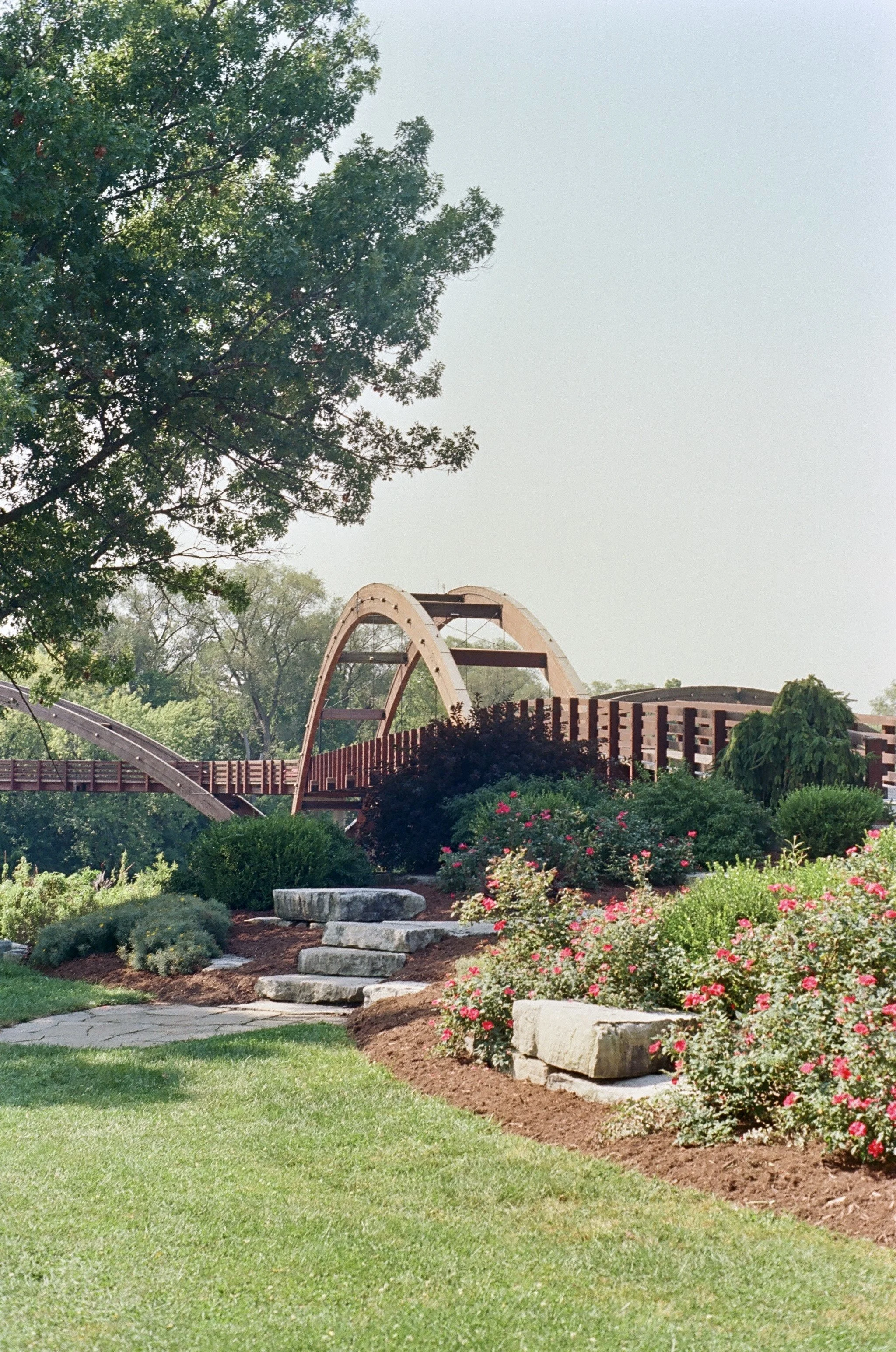 Park scene with a wooden bridge, colorful flowers, rocks, and lush green trees under a clear sky.
