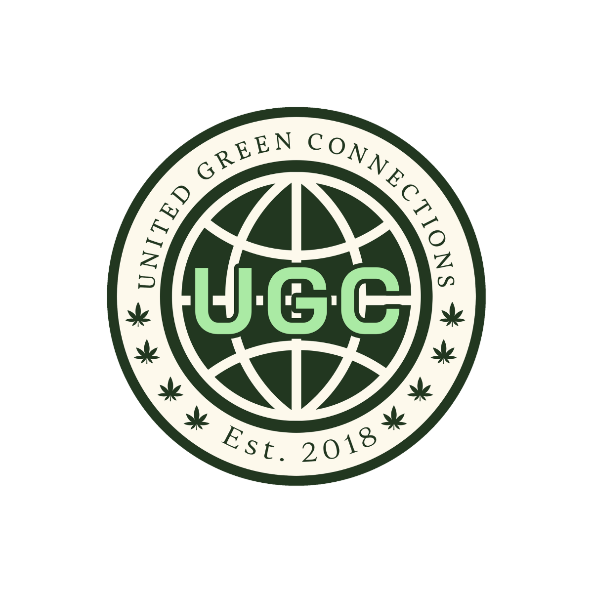 Green, white, and black emblem of United Green Connections, established 2018, with a globe design, marijuana leaf icons, and the initials J.G.C.
