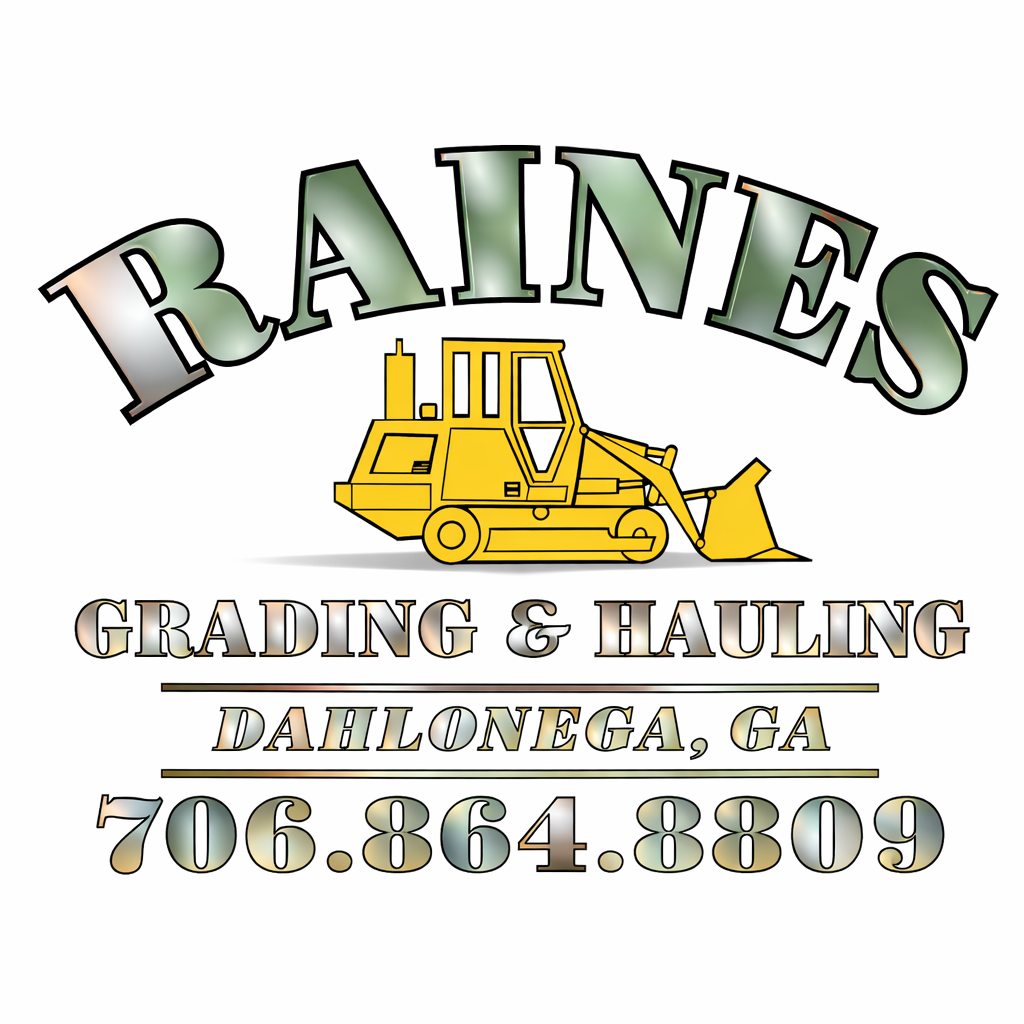 Logo for Raines Grading & Hauling, featuring a yellow bulldozer and contact information in text.