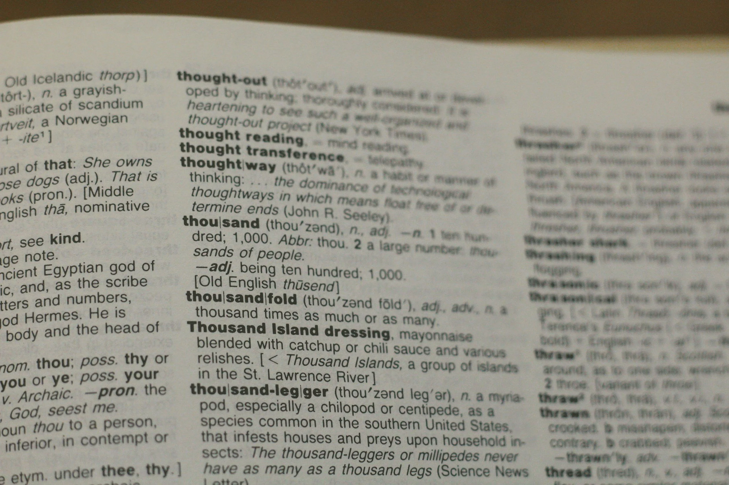 Close-up of a dictionary page with definitions of words related to 'thought-out,' 'thousand,' 'thousand island dressing,' and 'thousand-legged.'