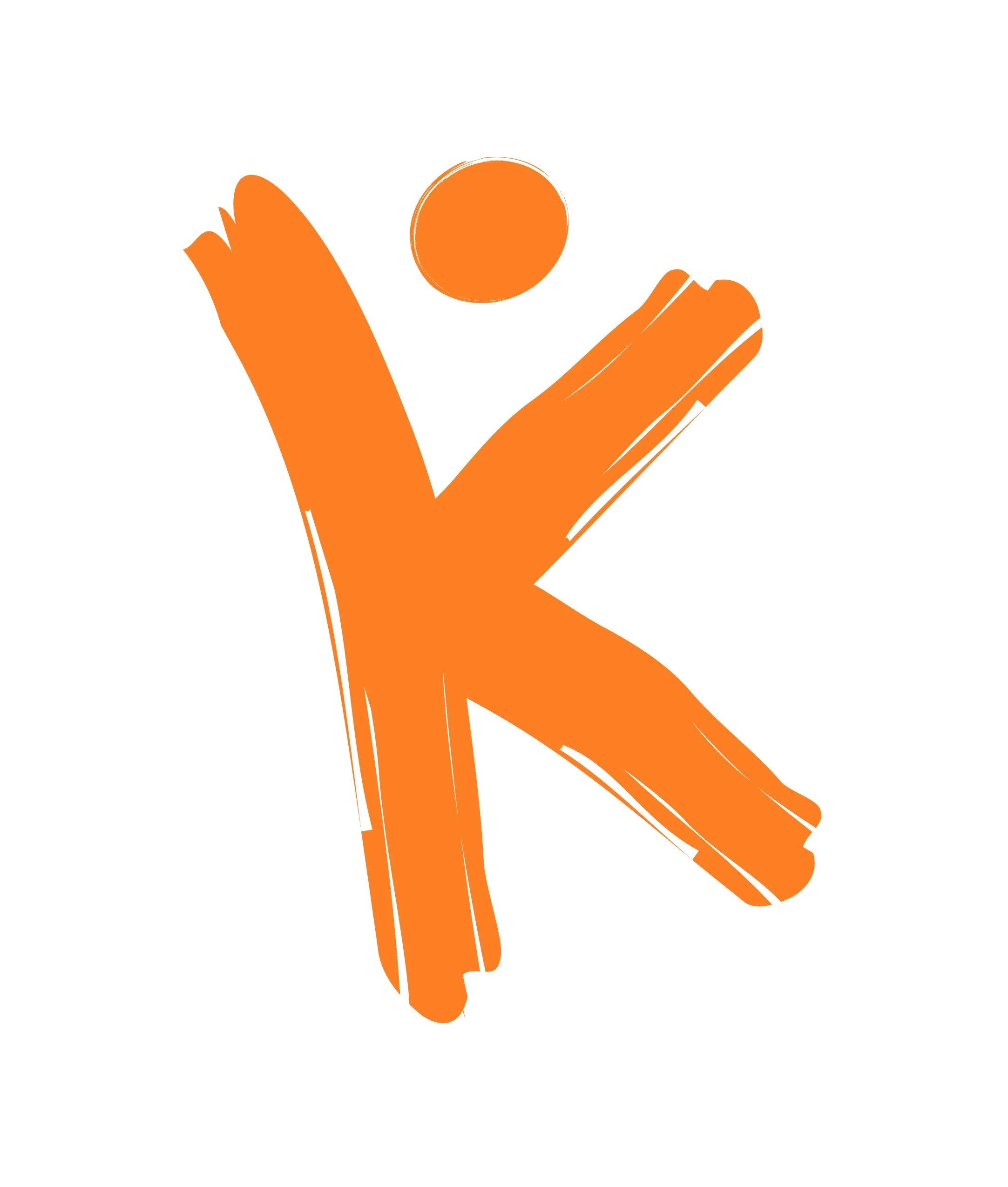 Stylized orange letter 'K' with a small circle resembling a dot above the upper left part of the letter, on a white background.