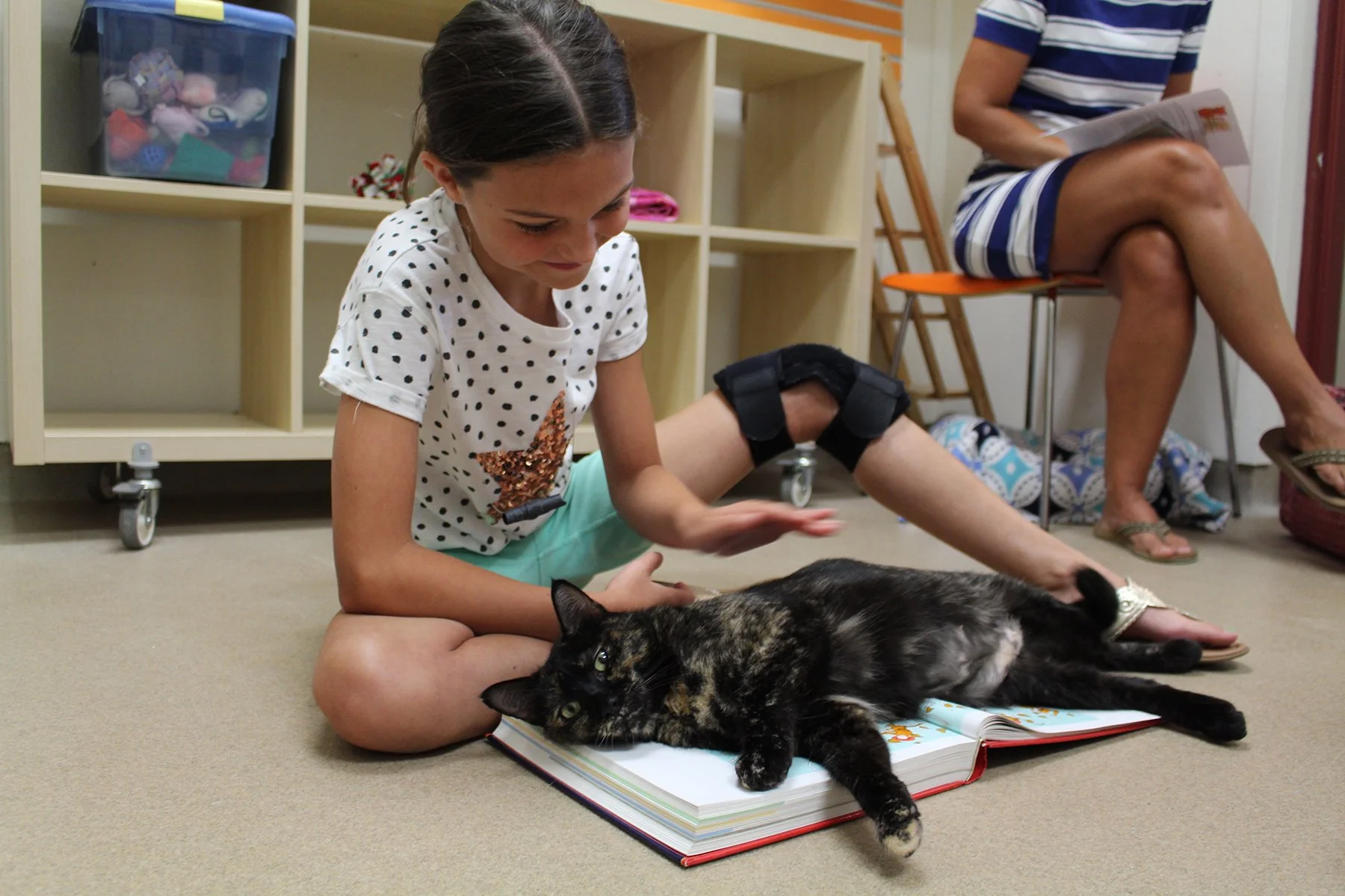 A young girl with dark hair and a white polka dot shirt sits on the floor with her legs crossed, reading a picture book, and a black and orange tortoiseshell cat lies on the book with its head turned toward the camera. A woman in striped shorts and a