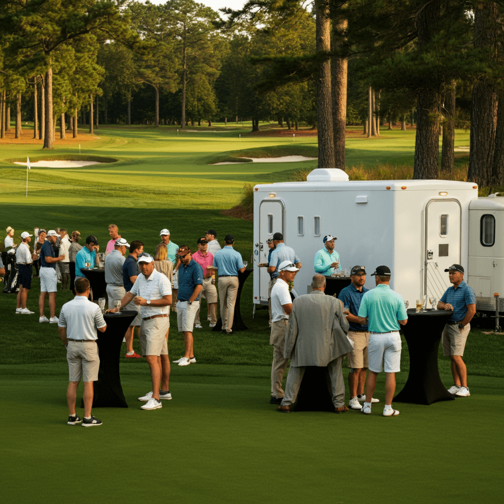 portable restroom trailer parked on a golf course