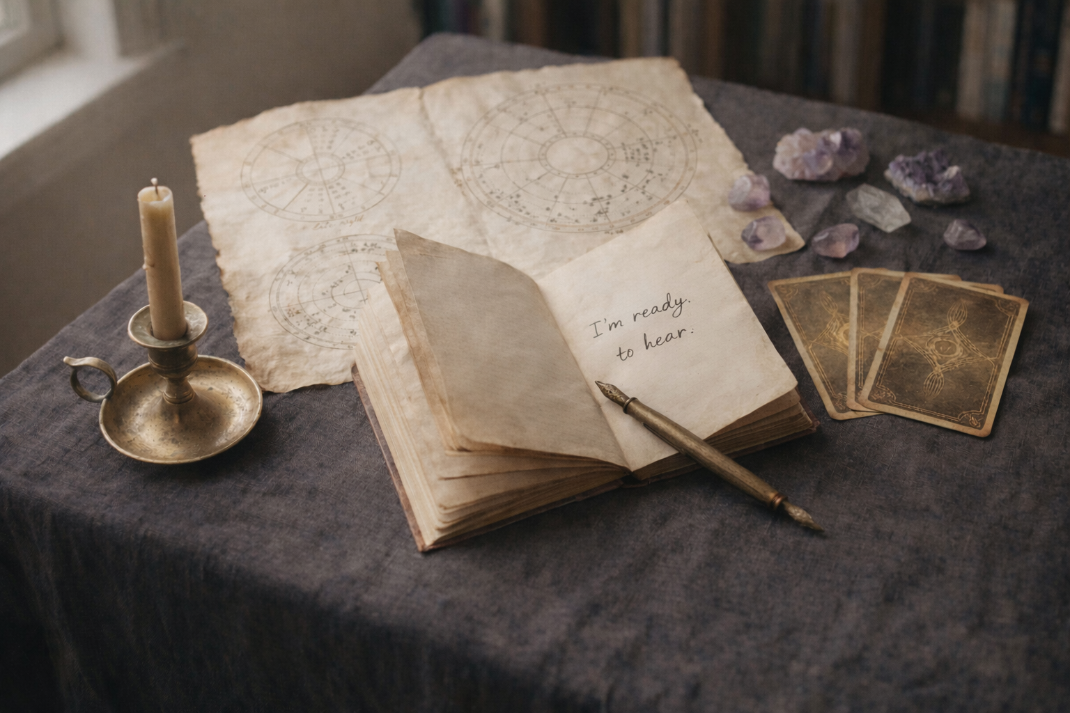 A table with antique-style items, including a brass candlestick with a beige candle, old parchment paper with star charts, an open notebook with handwritten text, tarot cards, and clusters of purple crystals.