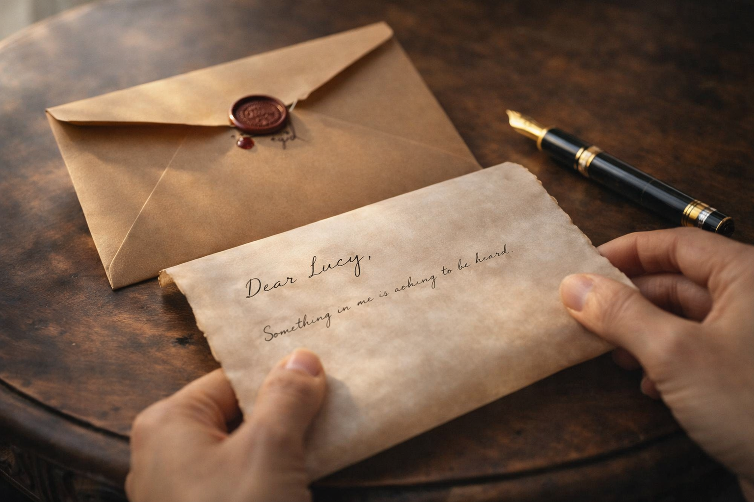 A handwritten letter titled 'Dear Lucy,' with the message 'Something in me is aching to be heard.' held in a person's hands, a brown envelope with a wax seal nearby, and a black and gold pen on a wooden table.