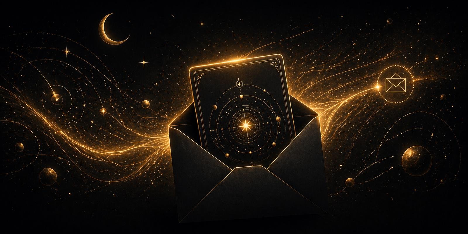 A starry cosmic scene with planets, a crescent moon, and glowing lines surrounding a black envelope. Inside the envelope, a glowing card features a celestial map with planetary orbits and a bright star at the center.