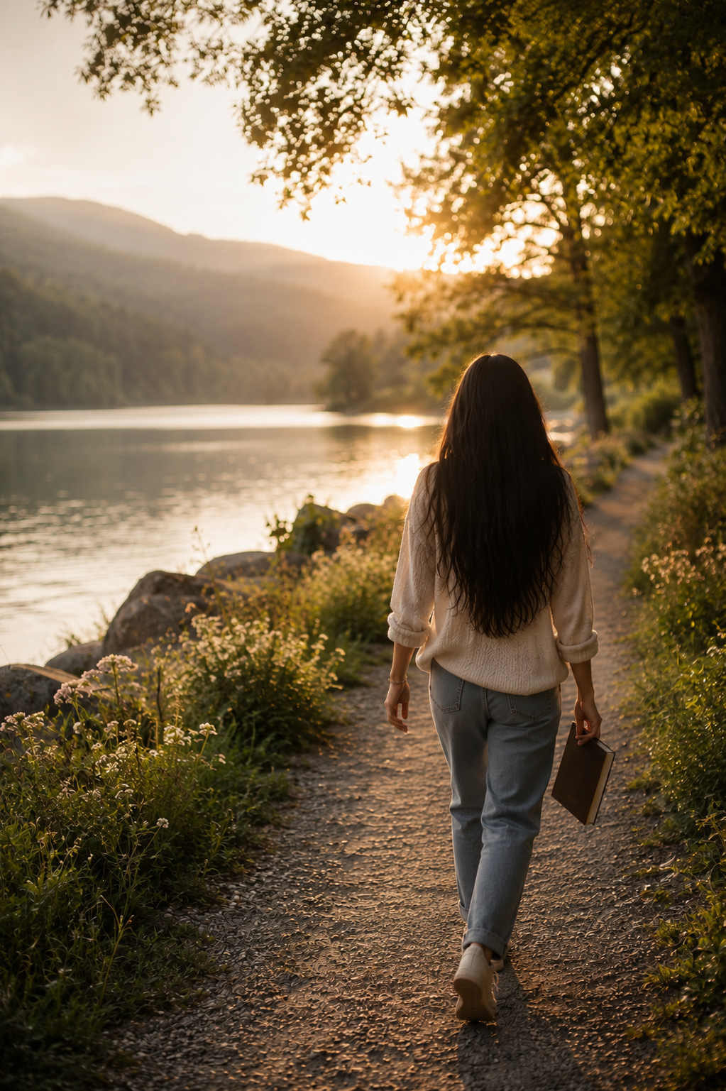 A woman with long dark hair walks along a dirt trail next to a river at sunset, holding a book.