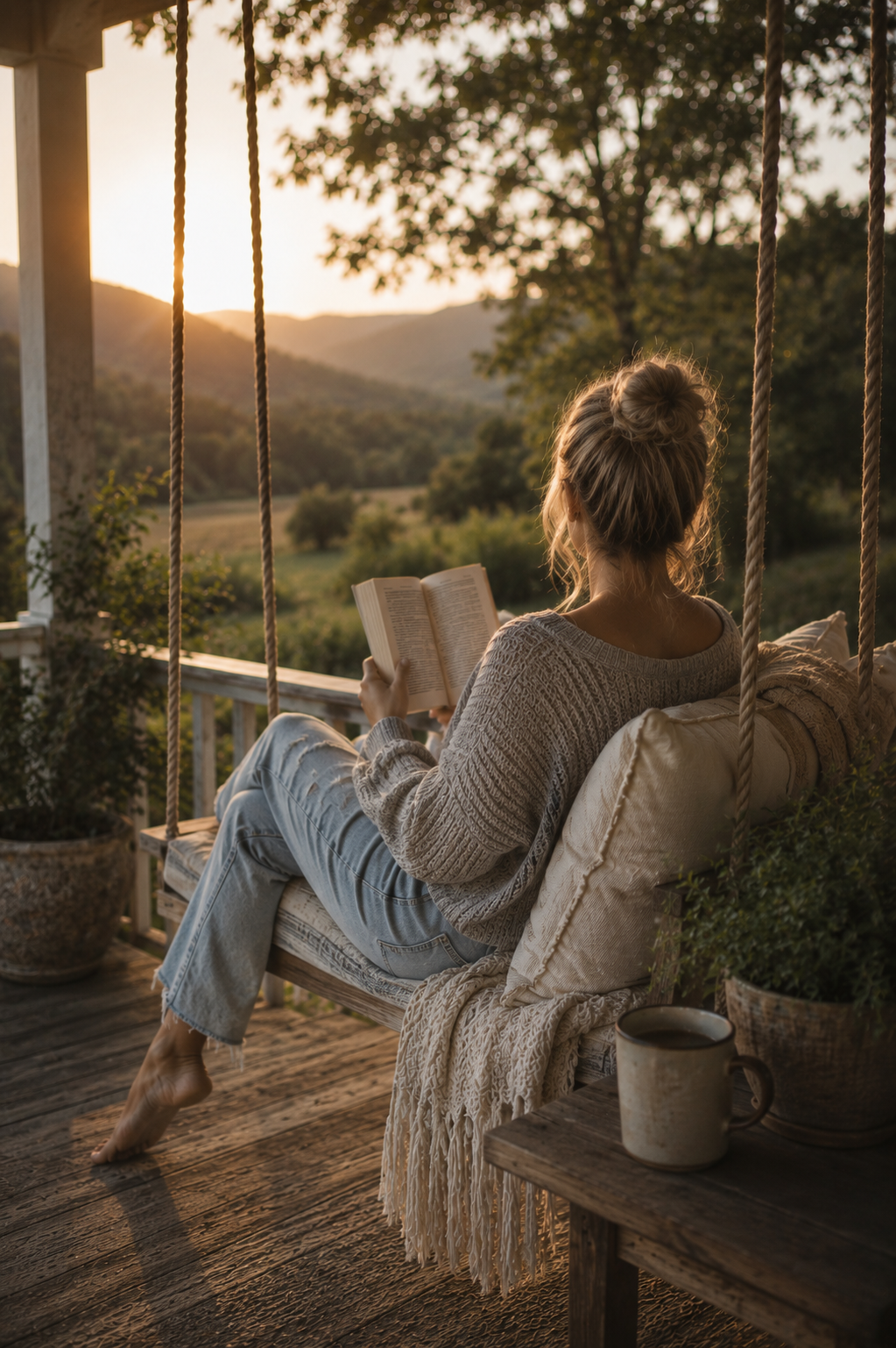 A woman sitting on a porch swing, reading a book, with a scenic mountain view at sunset.