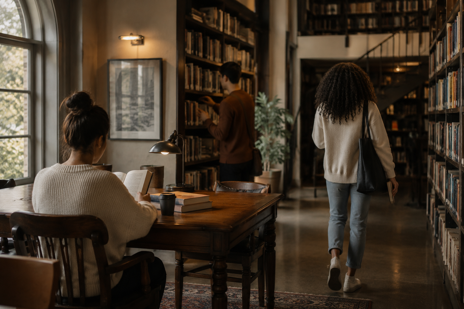 Woman reading at a desk in a warm bookstore.