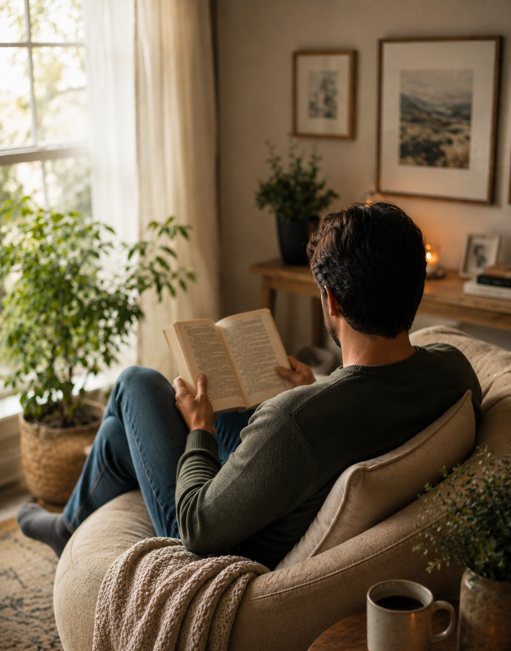 A man sitting on a beige sofa reading a book in a cozy living room with sunlight streaming through a window, plants, and framed artwork on the wall.