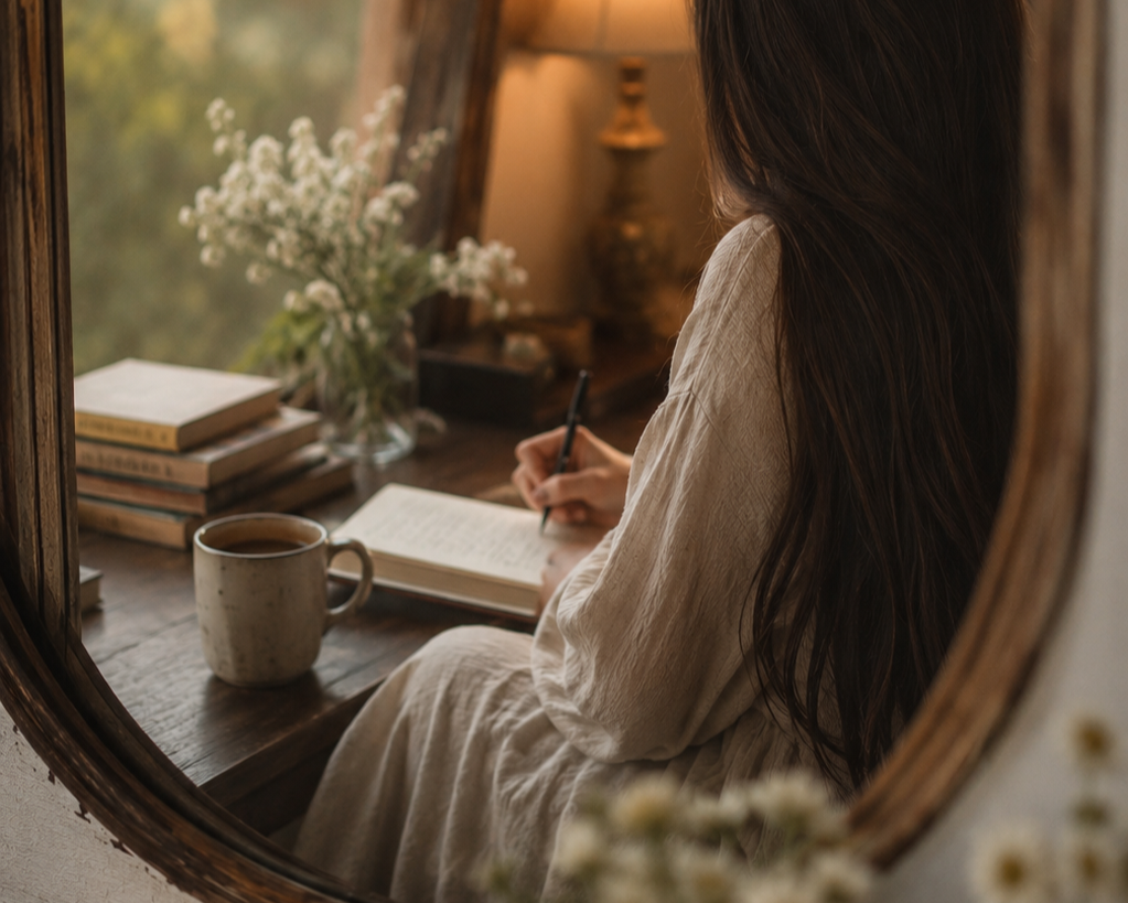 Woman writing in a notebook at a desk with coffee and flowers.