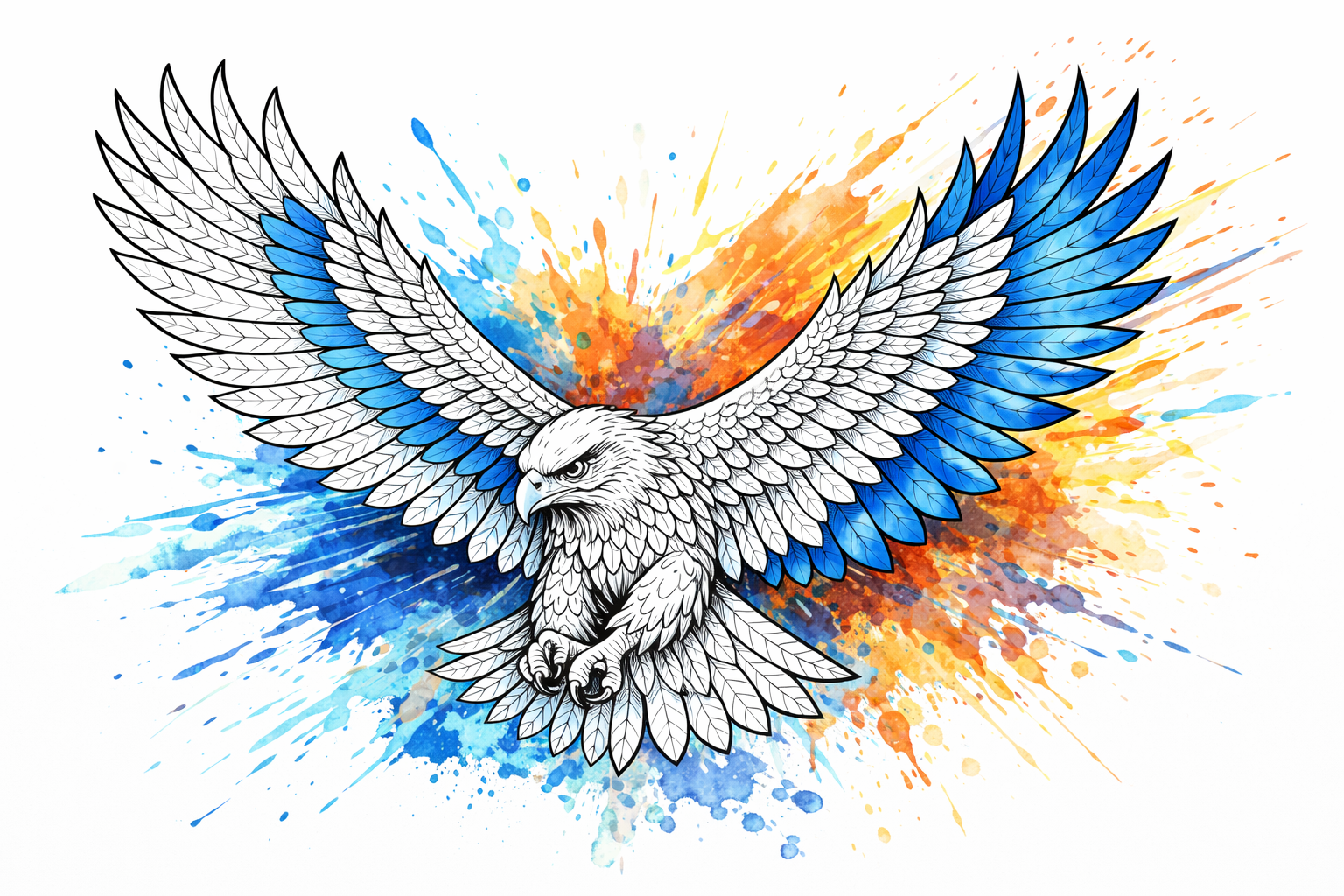 Drawing of an eagle with spread wings, with a colorful splatter background in blue, orange, and yellow.