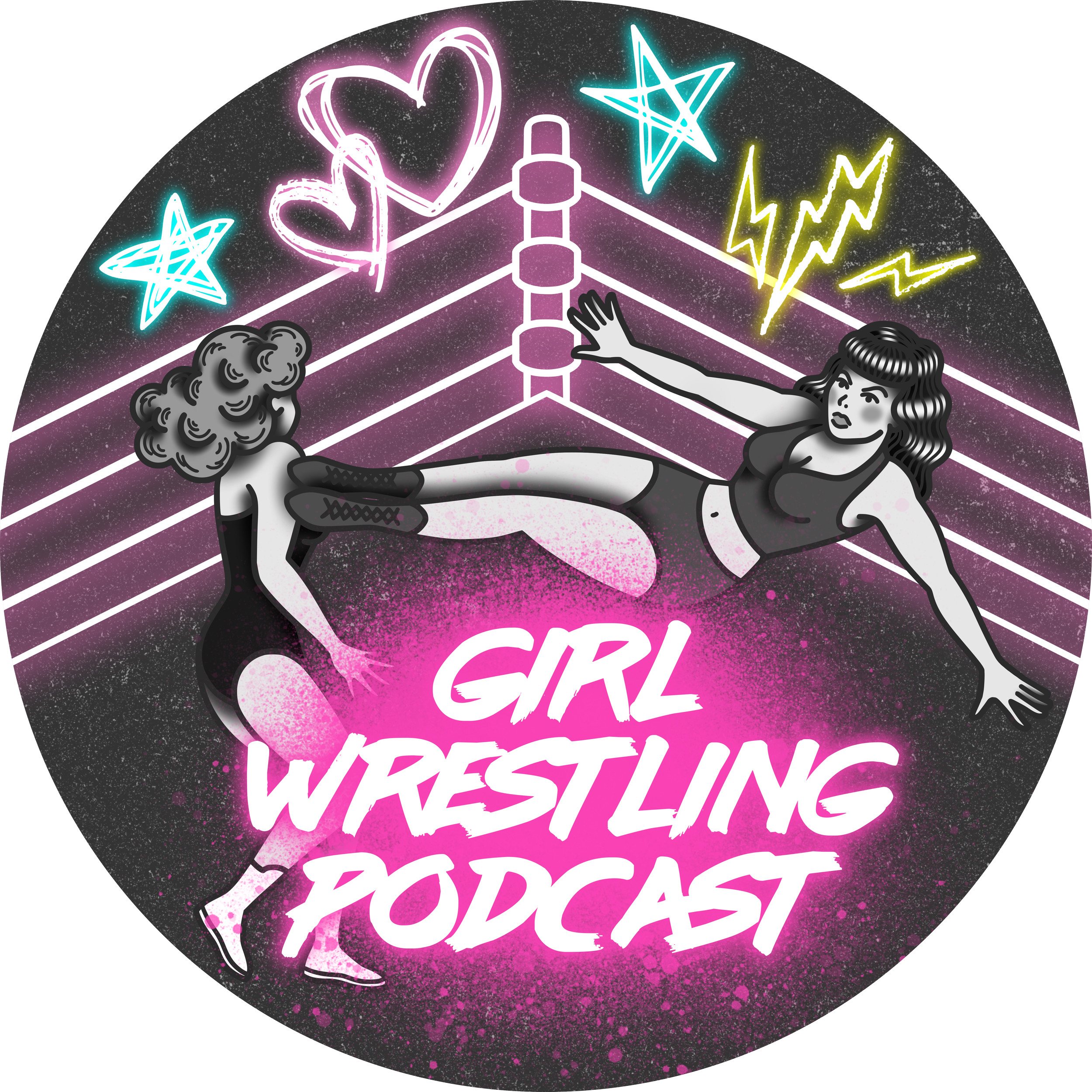 a woman performing a dropkick on another woman in a wrestling ring, above the words GIRL WRESTLING PODCAST