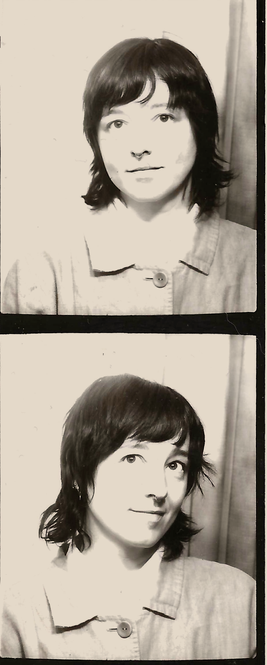 Black and white photo of a woman with shoulder-length hair, wearing a button-up shirt, shown in two slightly different poses.