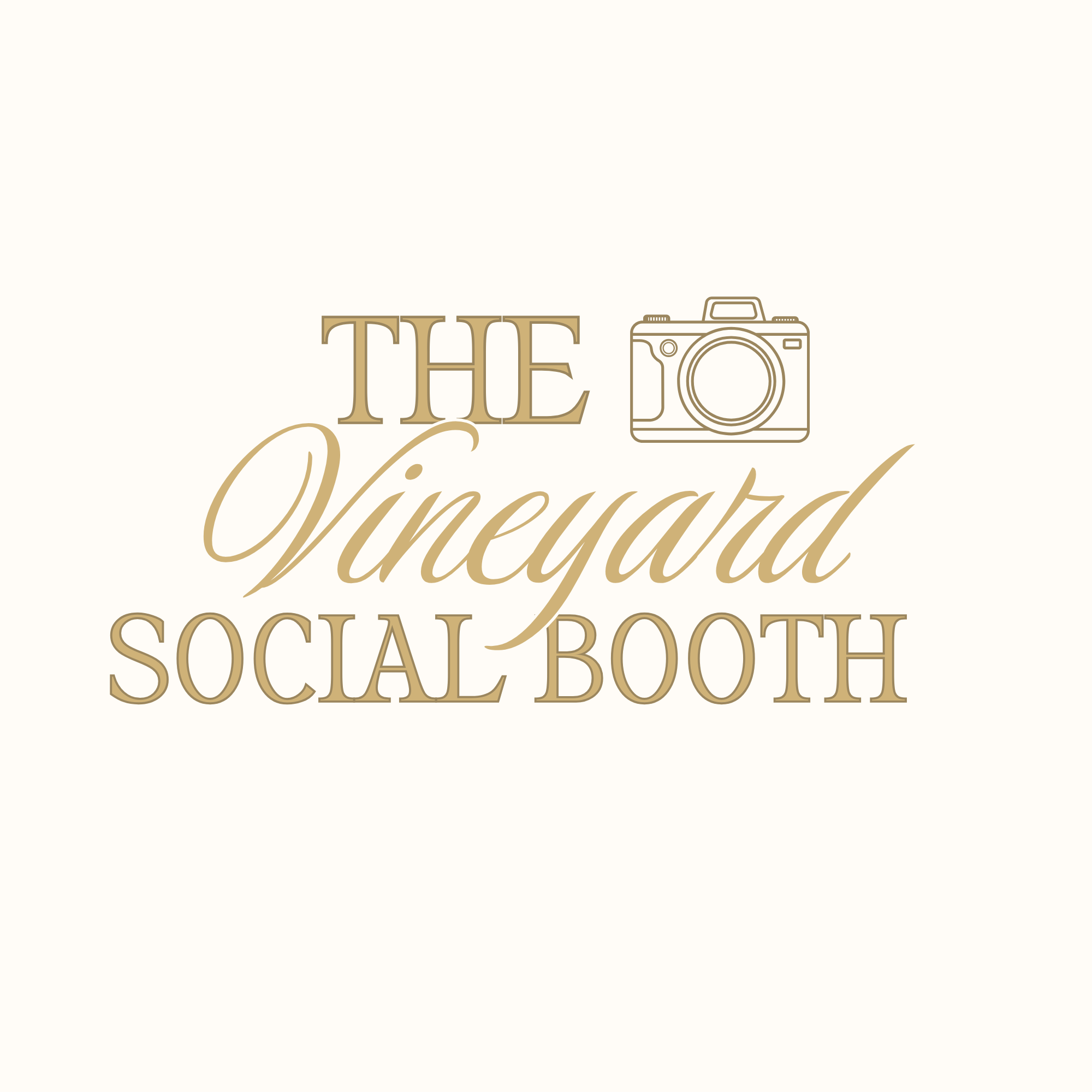 A social media sign for The Vineyard with a camera icon, featuring elegant beige and brown text on a cream background.