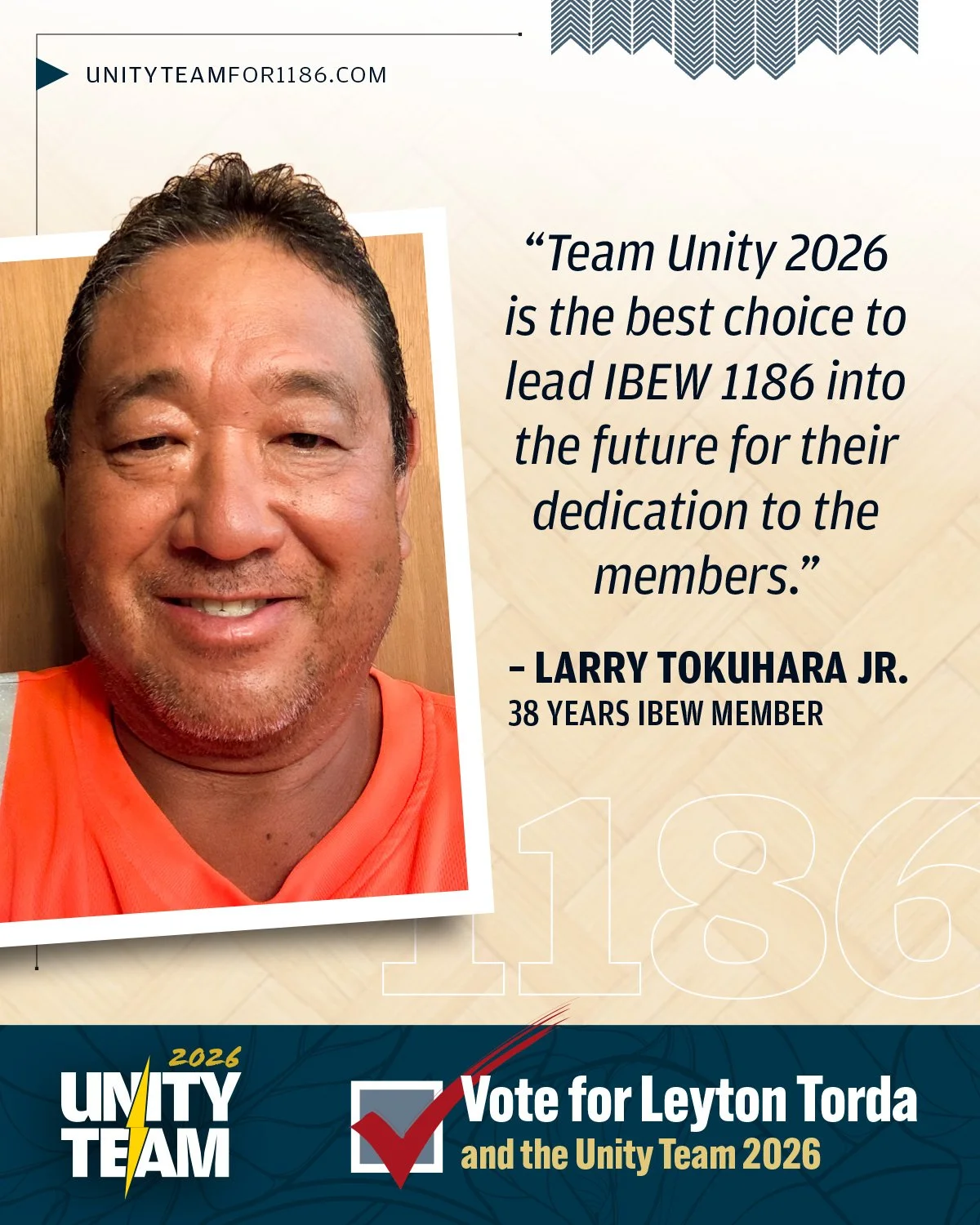 Team Unity 2026 is the best choice to lead IBEW 1186 into the future for their dedication to the members. 

&ndash; Larry Tokuhara, Jr.
38 Years IBEW Member

#UnityTeam #IBEW1186 #LaborStrong #OrganizingWorks #growtheunion @hawaiielectricians, #hawai