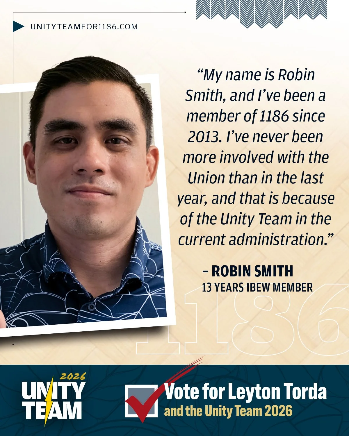 "My name is Robin Smith, and I've been a member of 1186 since 2013.  I've never been more involved with the Union than in the last year, and that is because of the Unity Team in the current administration. I have the utmost confidence that my fa