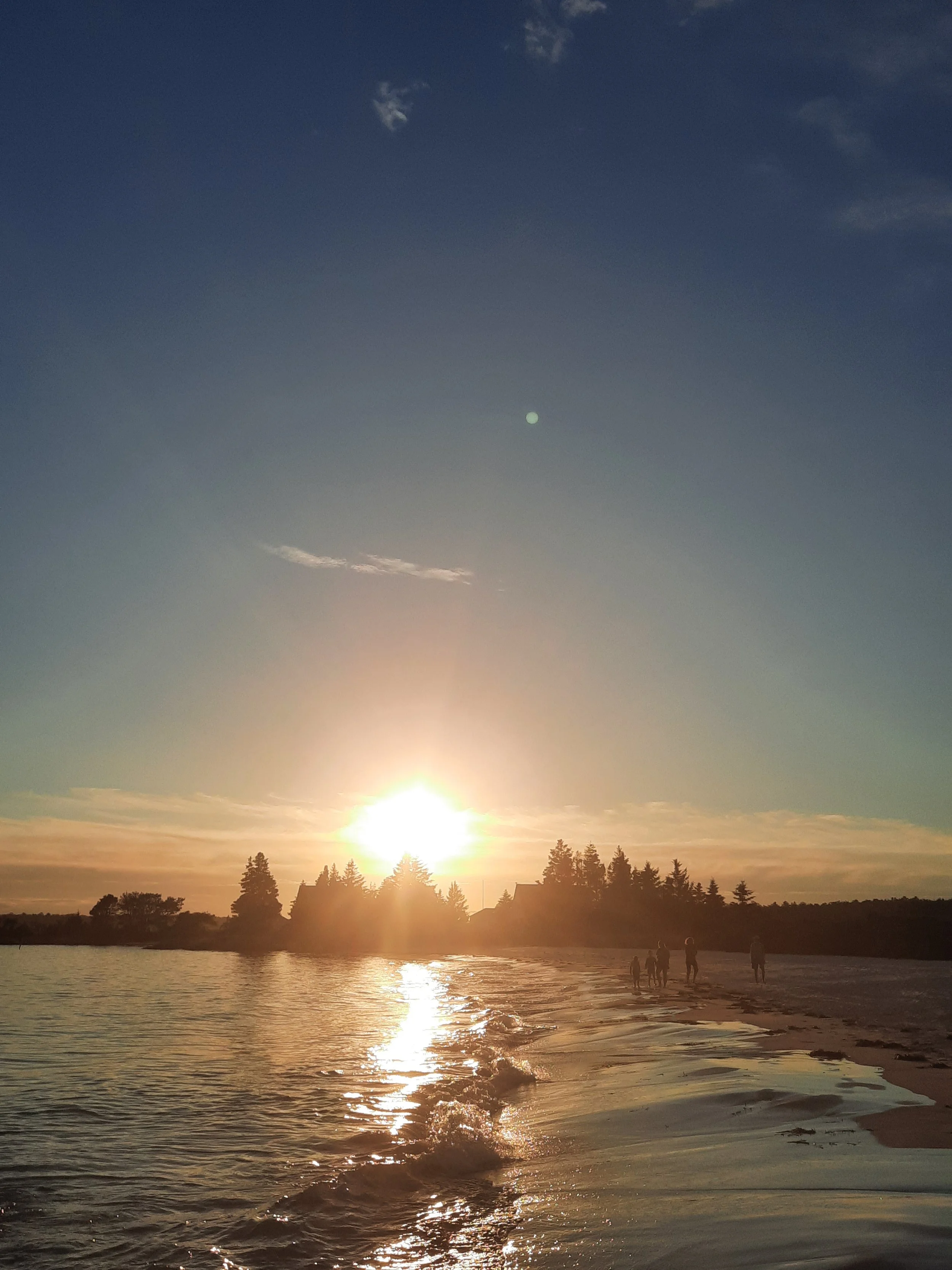 A sunset over a body of water with trees and houses in the distance, and a small group of people walking along the shoreline.
