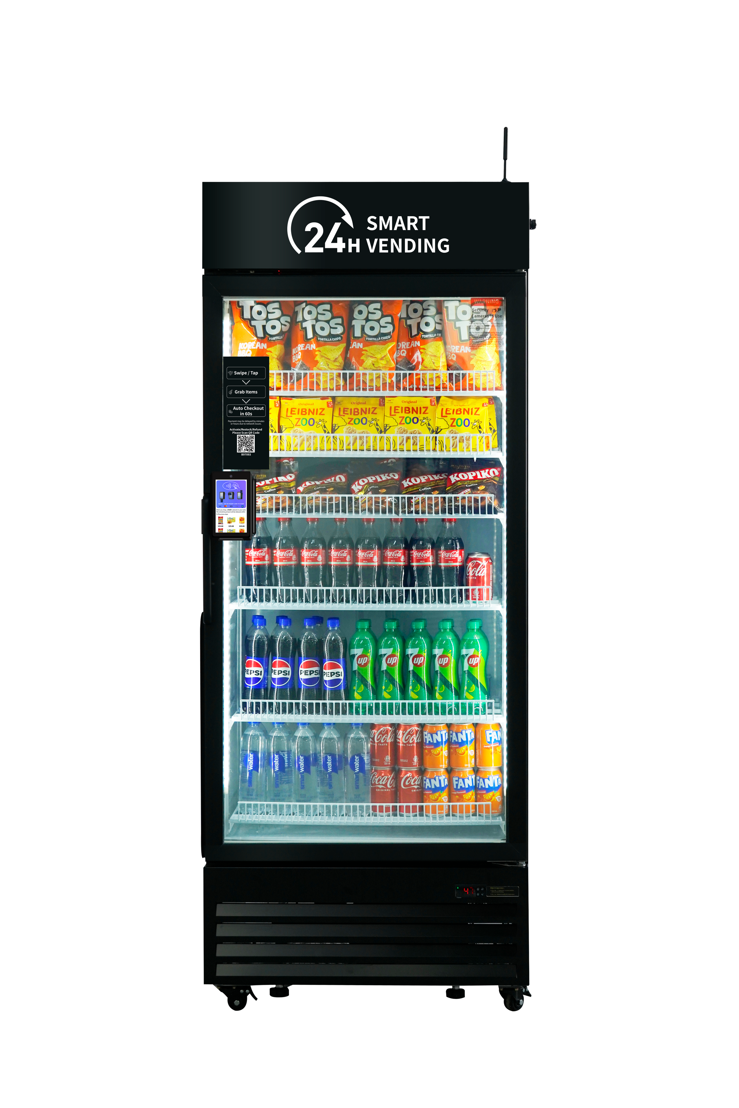 A vending machine stocked with soft drinks and snacks, with a sign indicating 24-hour smart vending.