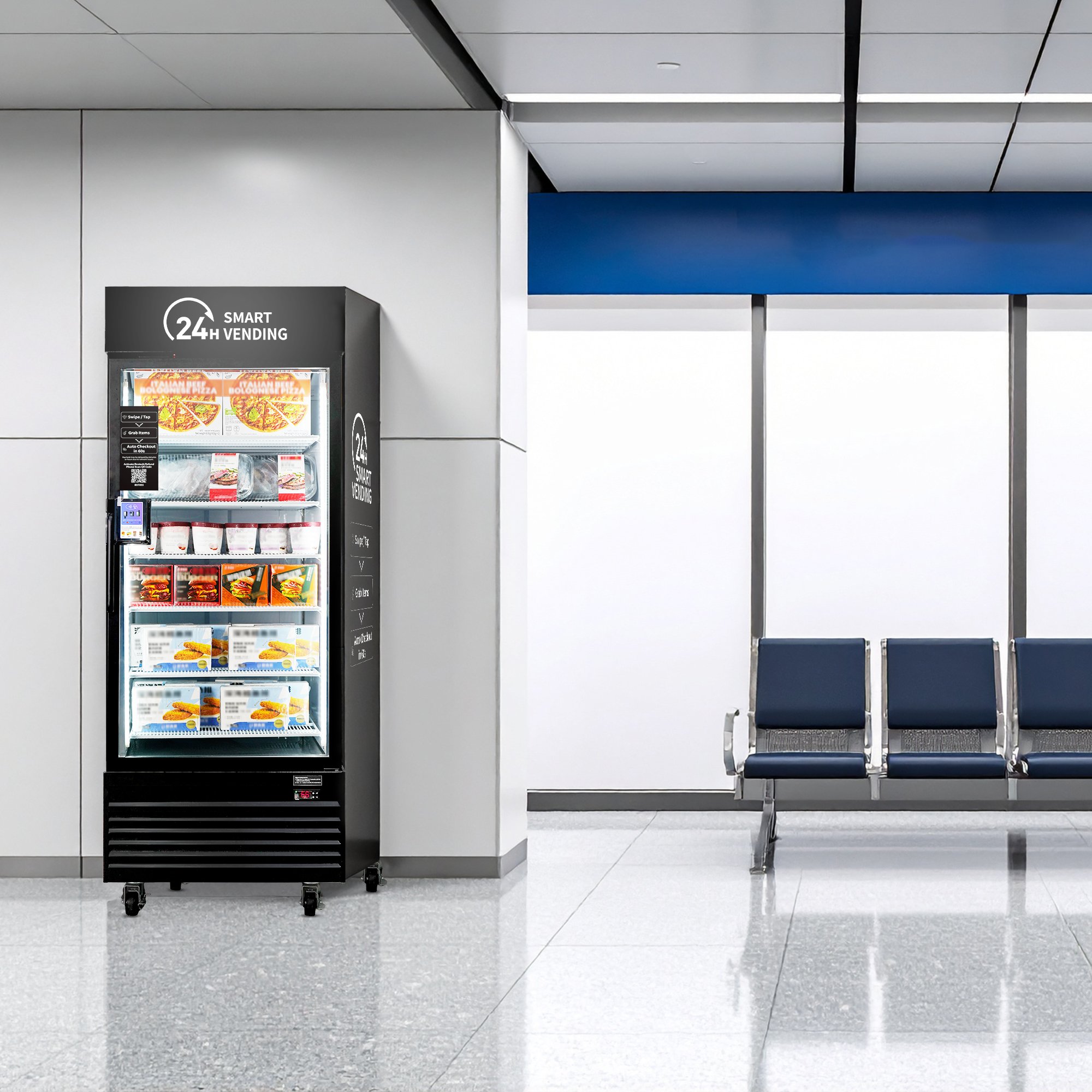 A vending machine with snacks and drinks in an airport terminal, empty blue seating, and large windows.