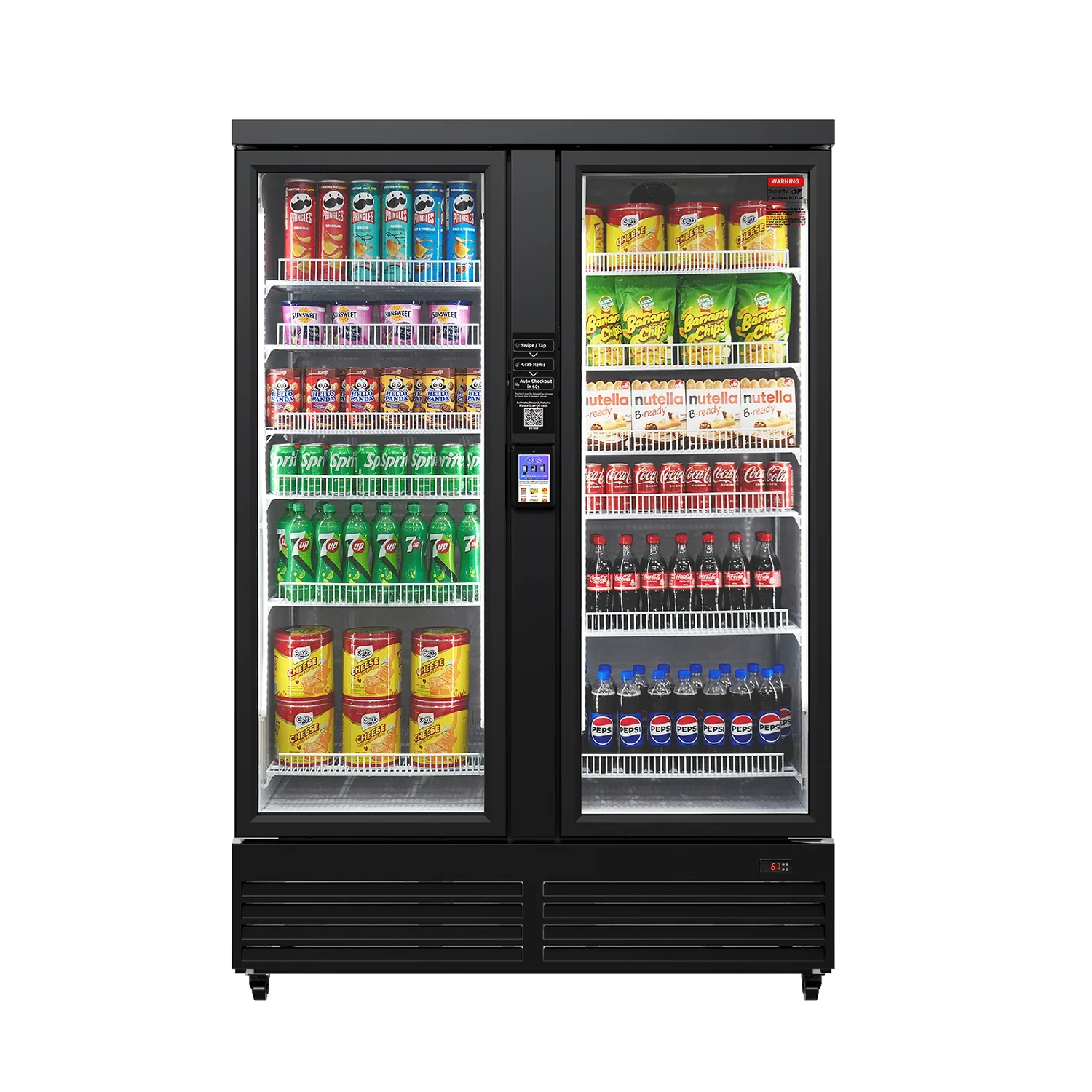 A black commercial refrigerated vending machine filled with soda, juice, and snack items.