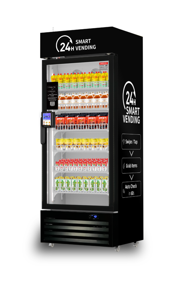 A vending machine with a digital screen, stocked with drinks, snacks, and bottled beverages, featuring touchless payment options and labeled for 24-hour smart vending.