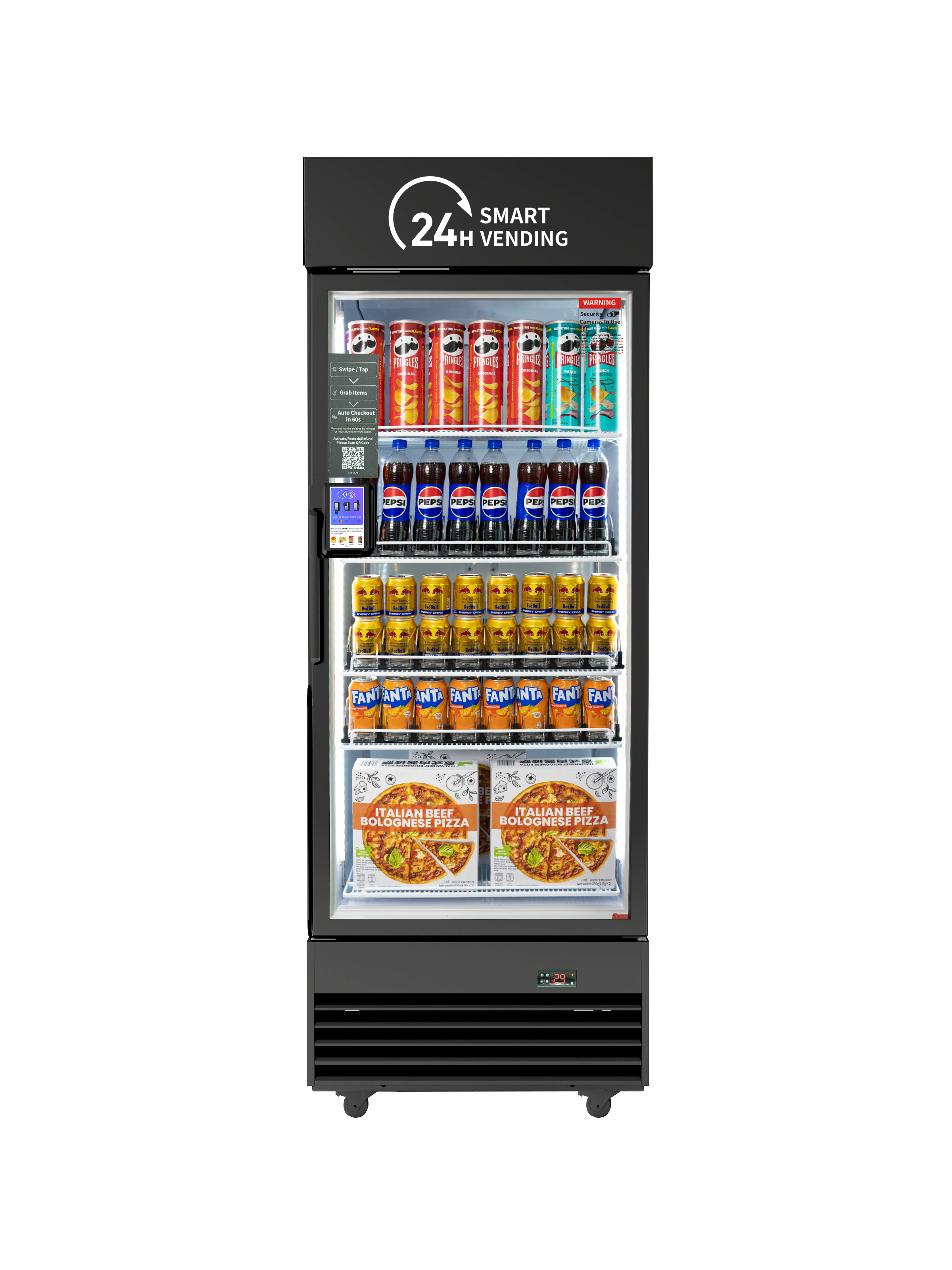 Vending machine offering Pringles chips, Pepsi soda, Fanta soda, and Italian beef Bolognaise pizza. Contains instructions for use and a digital payment panel.