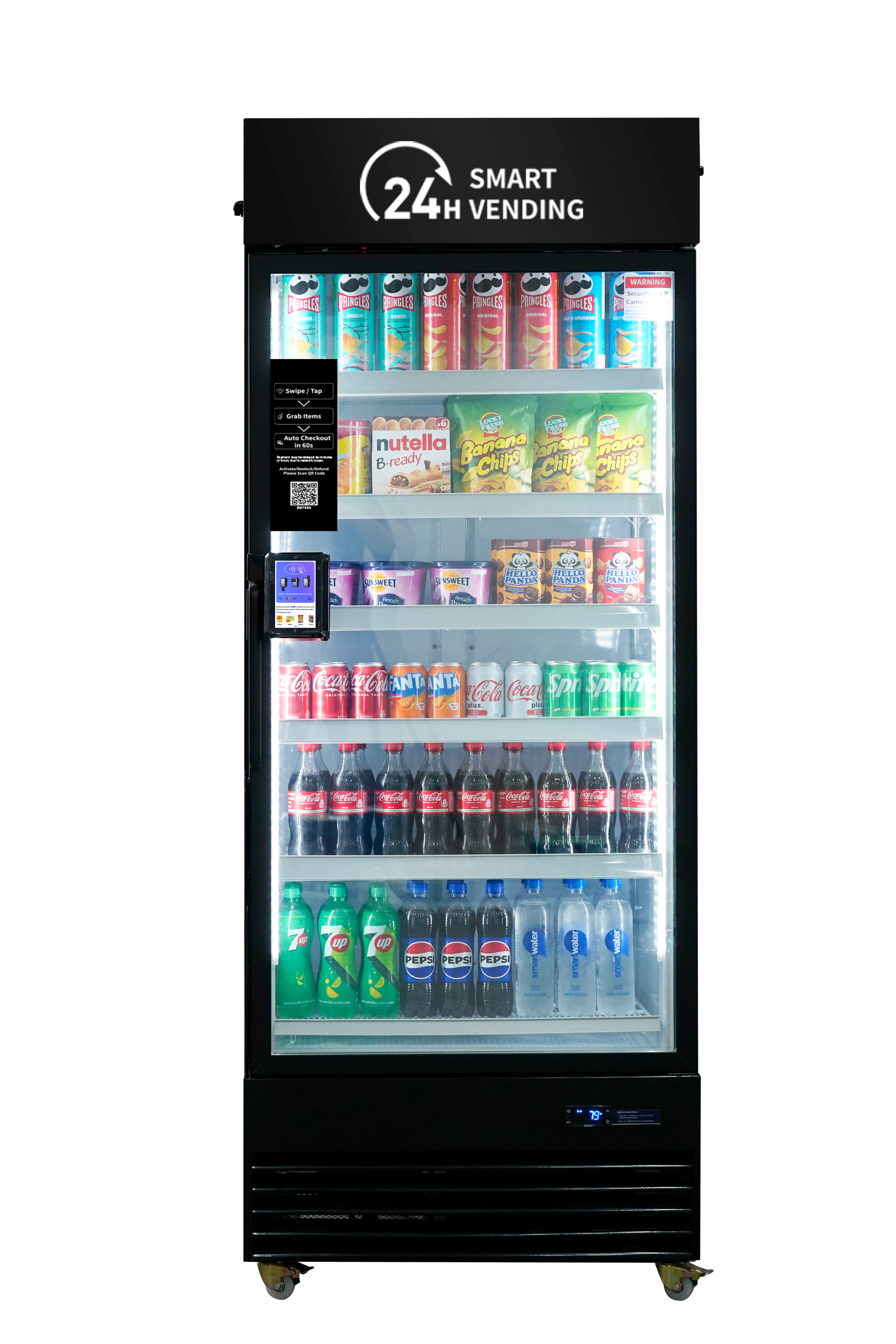 A vending machine stocked with various snacks and drinks, including Pringles, Nutella, banana chips, ice cream, and sodas.
