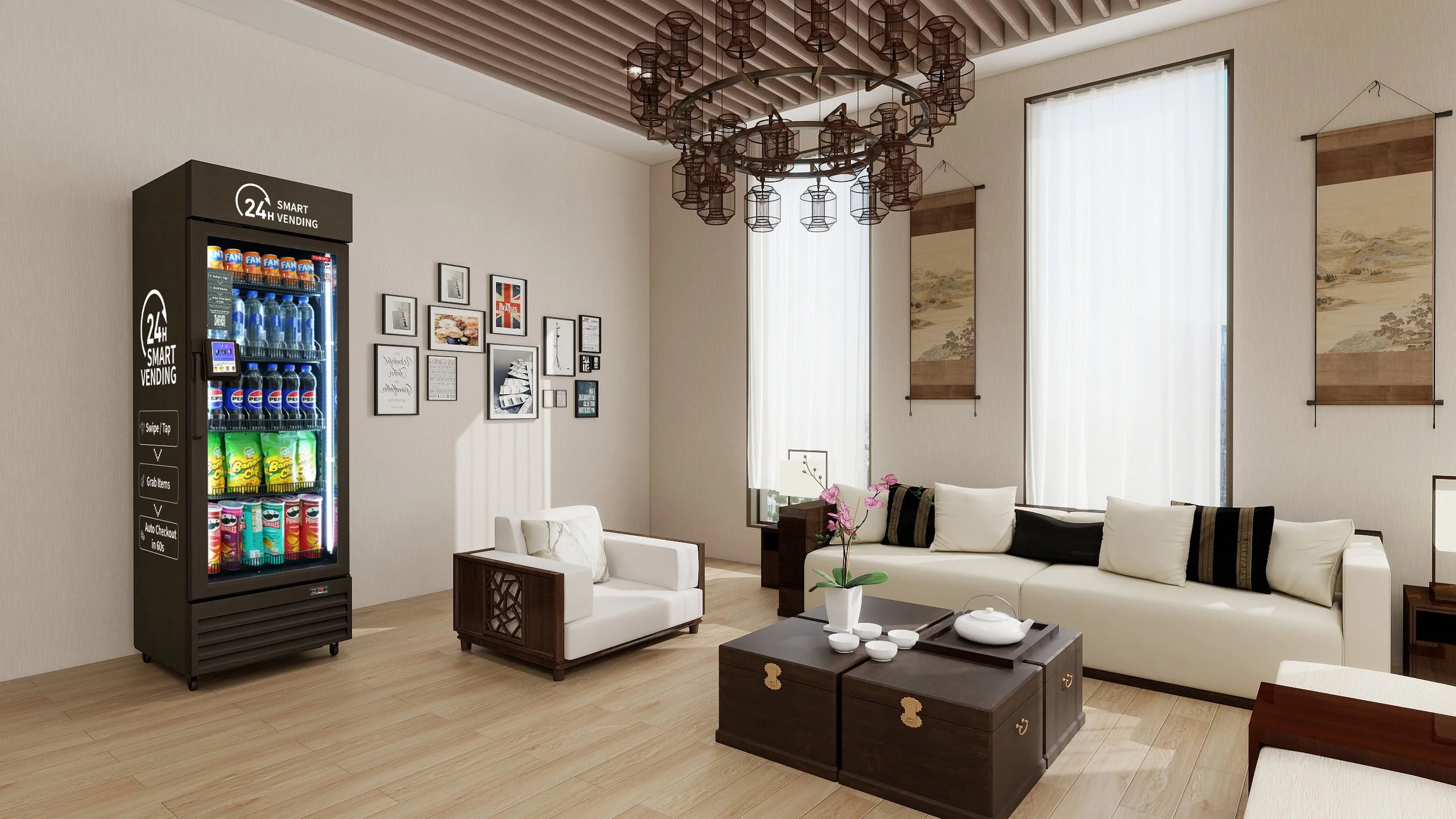 A modern living room with light-colored walls, two large windows with sheer white curtains, and traditional Chinese wall hangings. Contains a white sofa with black and white pillows, a matching armchair, a dark wooden coffee table with white teapot and cups, and a craft plant. A vending machine with snacks and drinks is on the left.