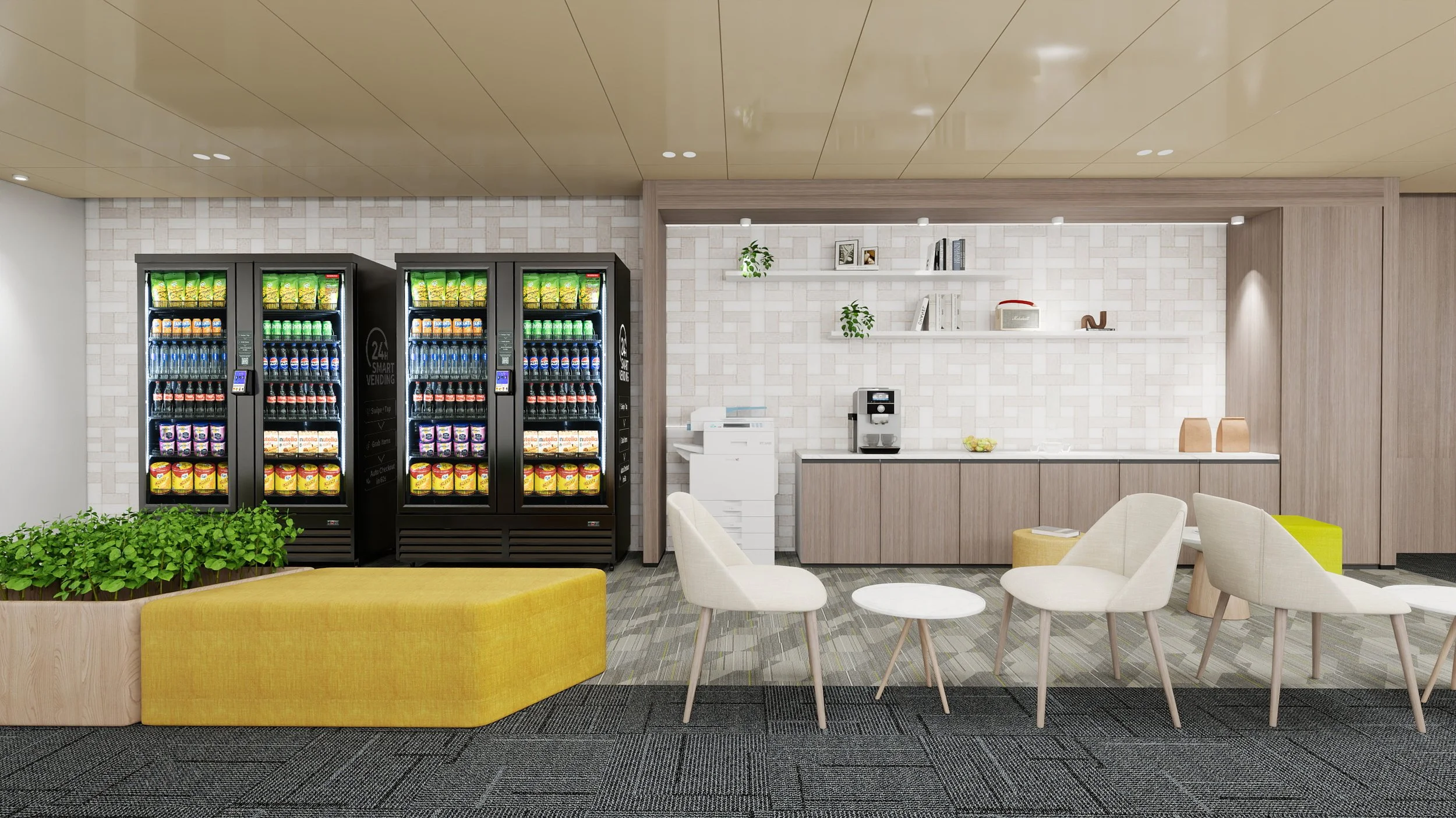 Modern office lounge area with vending machines, seating, and a coffee station.