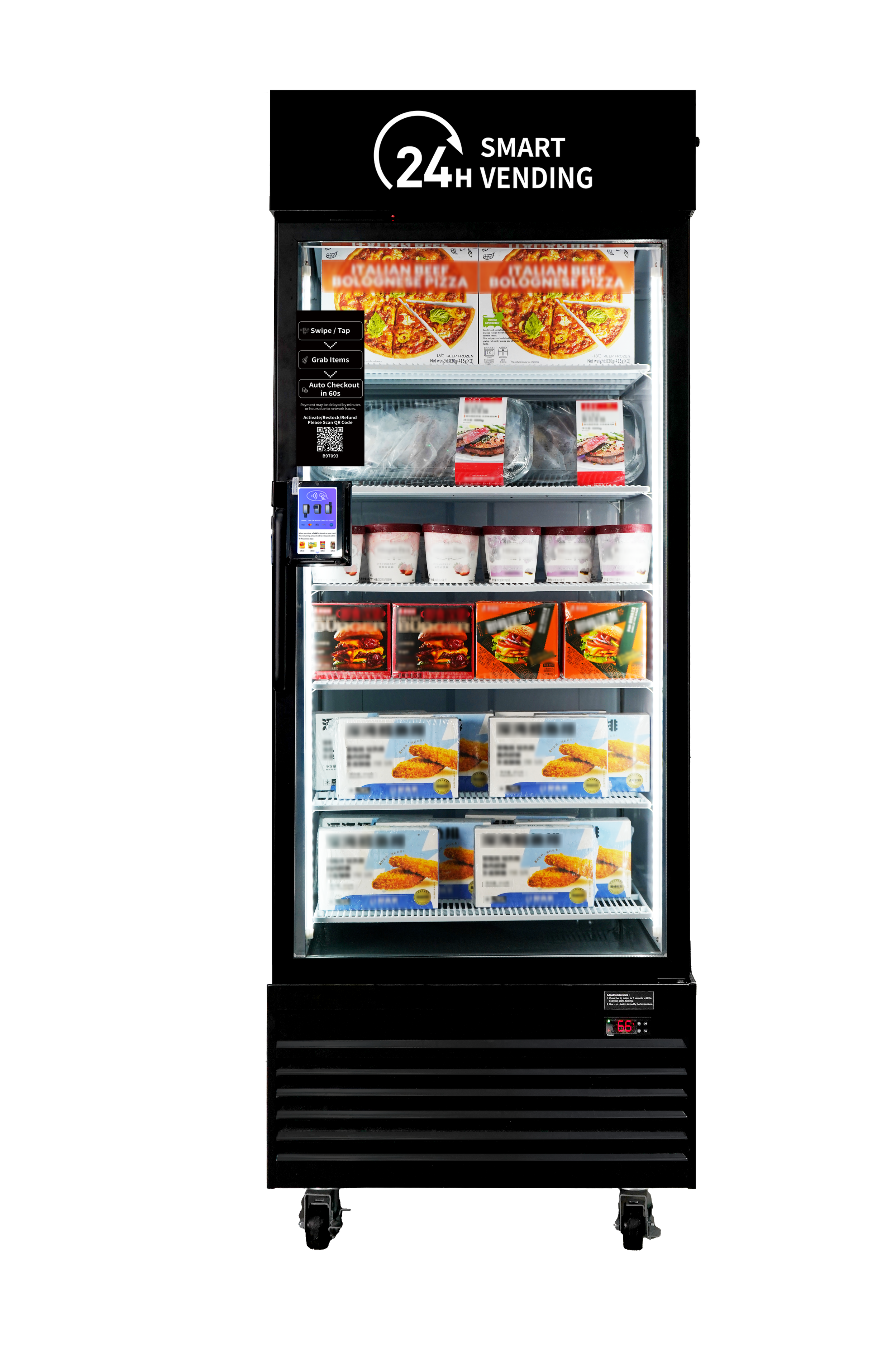 A black vending machine with a sign that reads '24 H SMART VENDING' at the top. The machine contains various frozen food items, including pizza, chicken, and desserts, behind glass doors, with digital and touch screen controls on the left side.