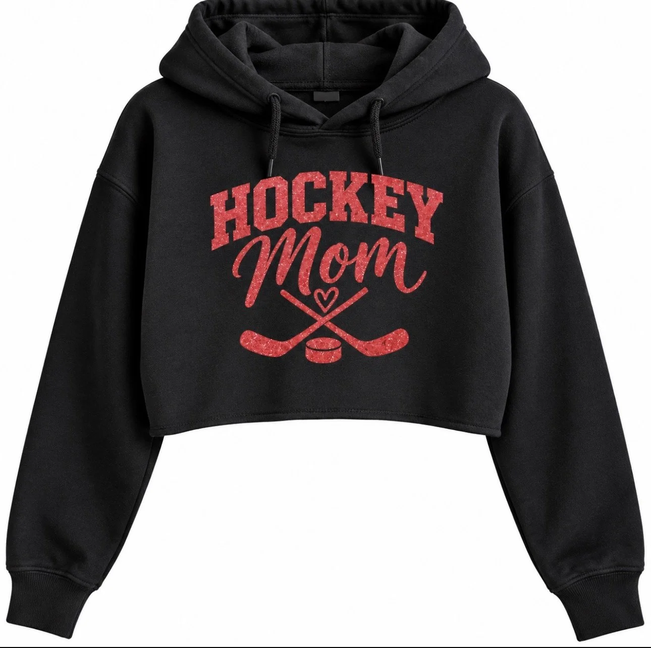 Black cropped hoodie with red glitter text that says 'Hockey Mom' and features two crossed hockey sticks and a small heart.