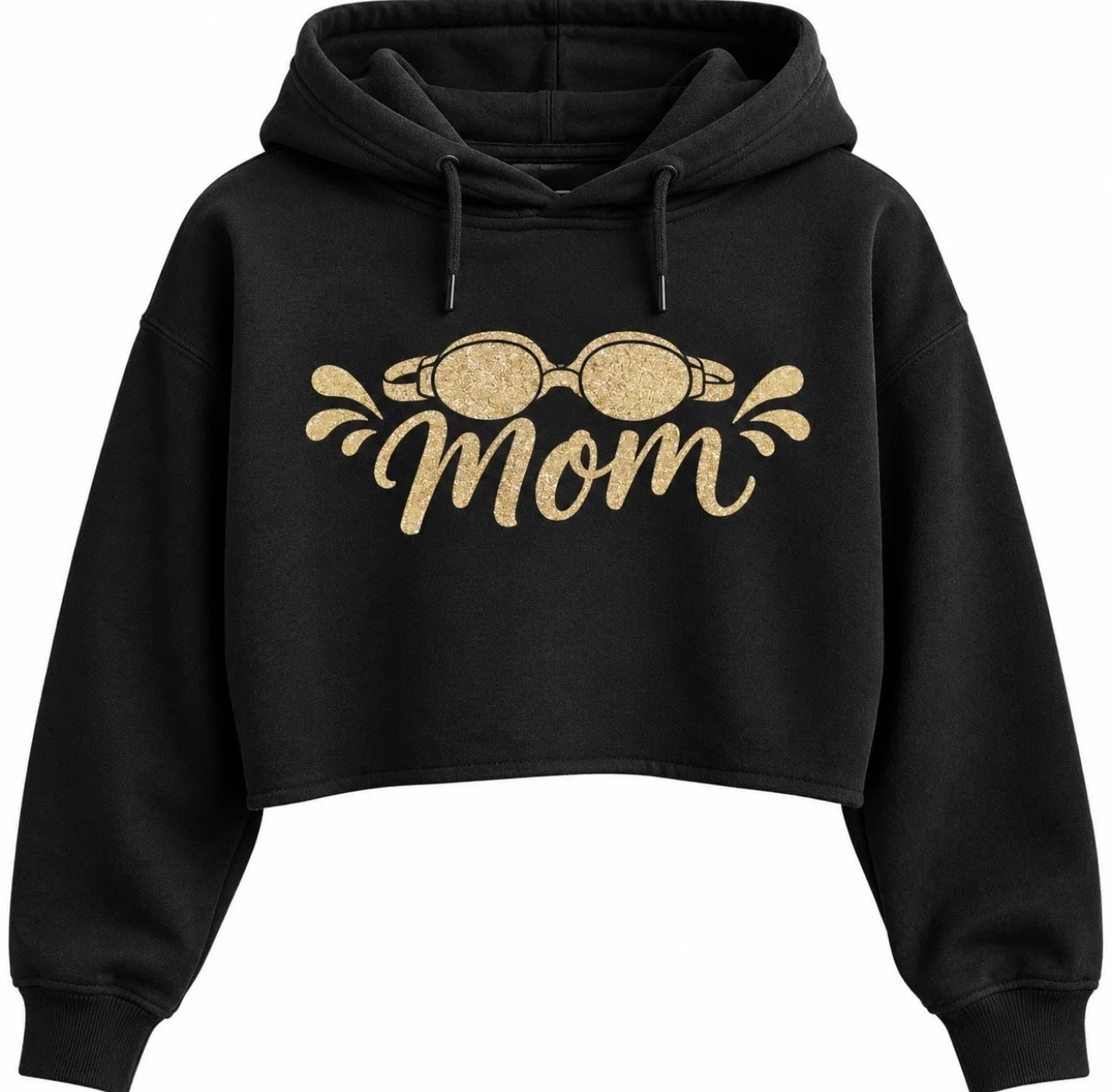 Black cropped hoodie with gold glitter text that says "mom" and a graphic of sunglasses above the word.