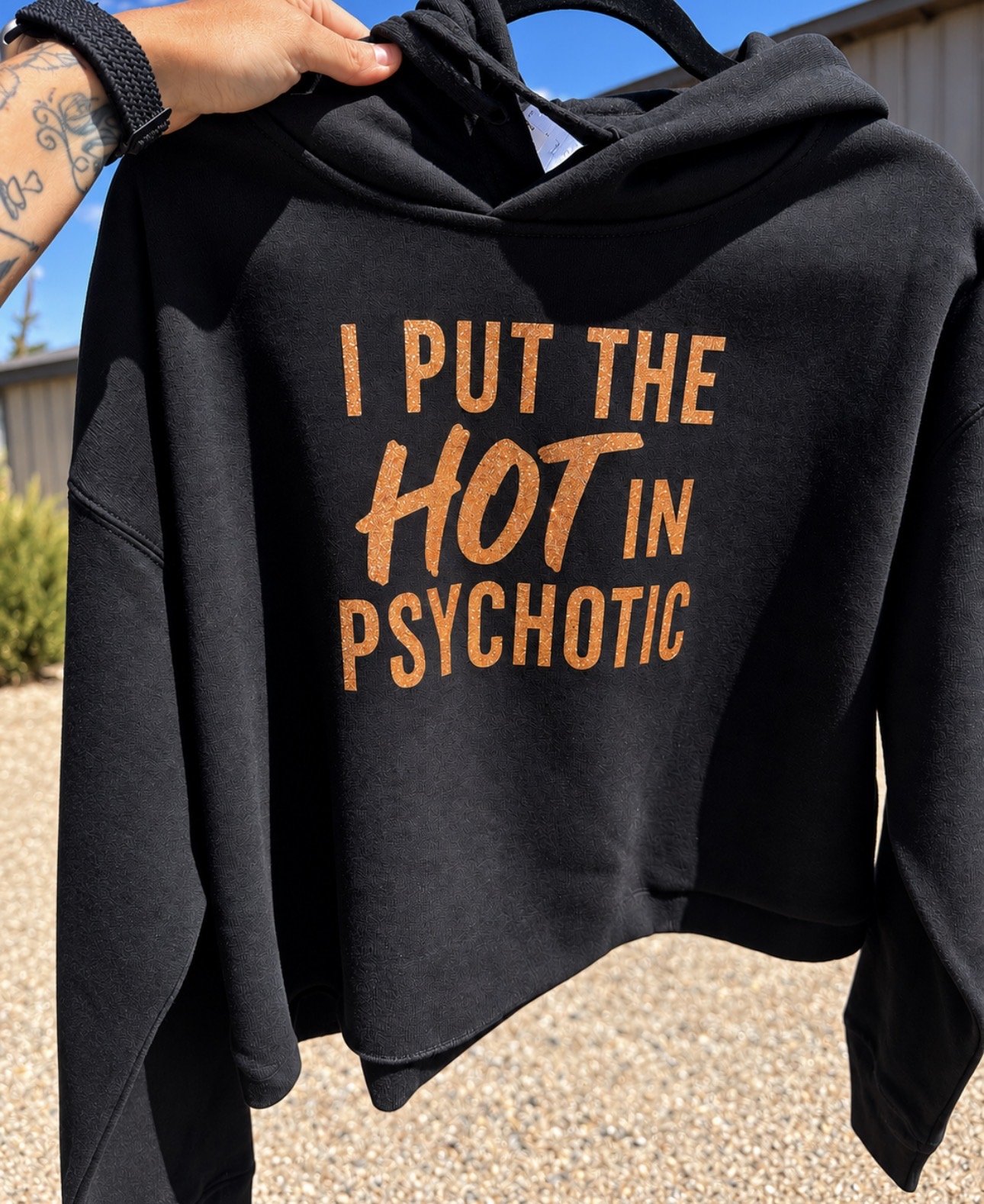 Black hoodie with orange text that reads "I PUT THE HOT IN PSYCHOTIC." The hoodie is being held up outdoors, with a blue sky and some greenery visible in the background.
