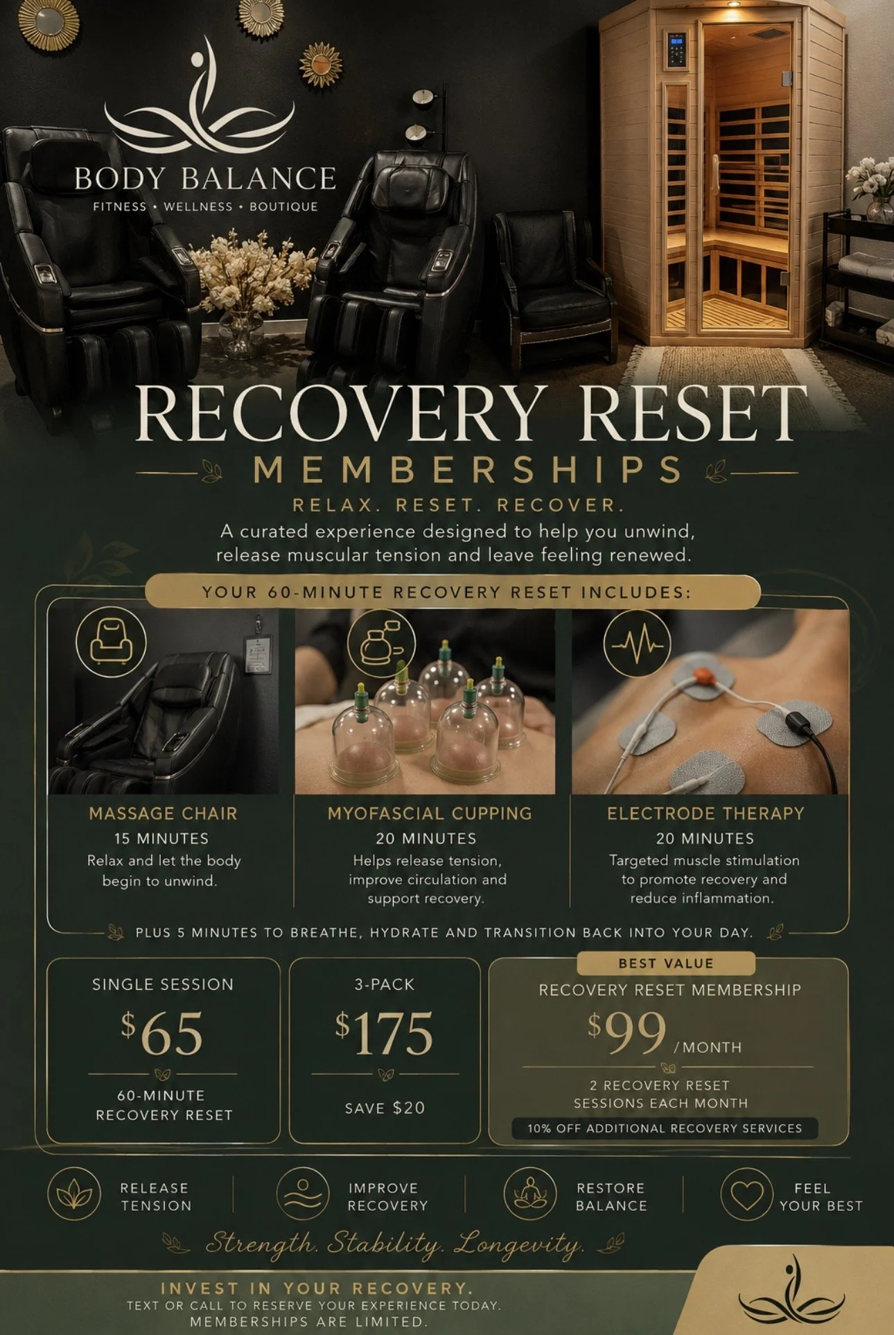 Flyer for Body Balance Wellness Boutique promoting recovery reset memberships with options for single sessions, 3-pack, and monthly memberships, featuring images of massage chair, cupping therapy, and electrode therapy.