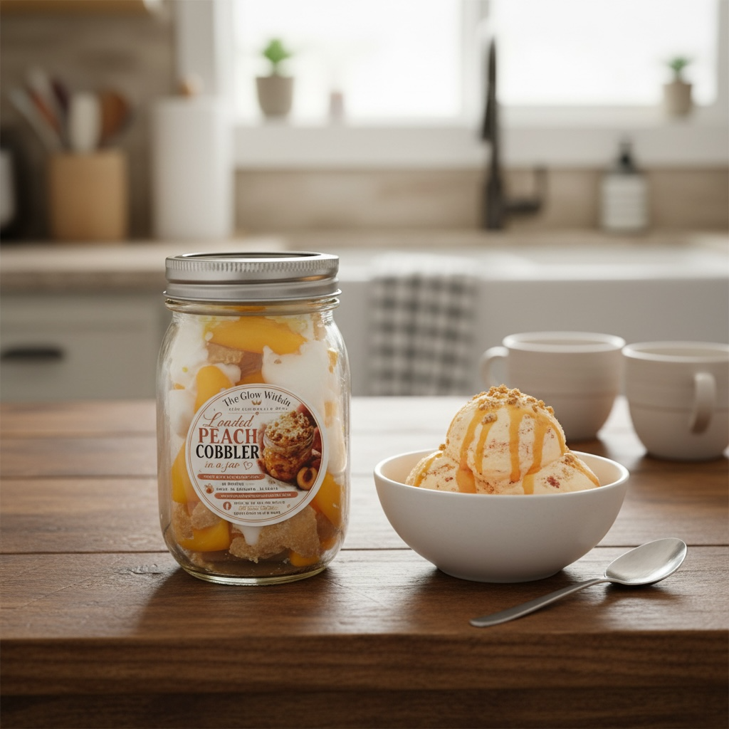 Loaded Peach Cobbler in a jar