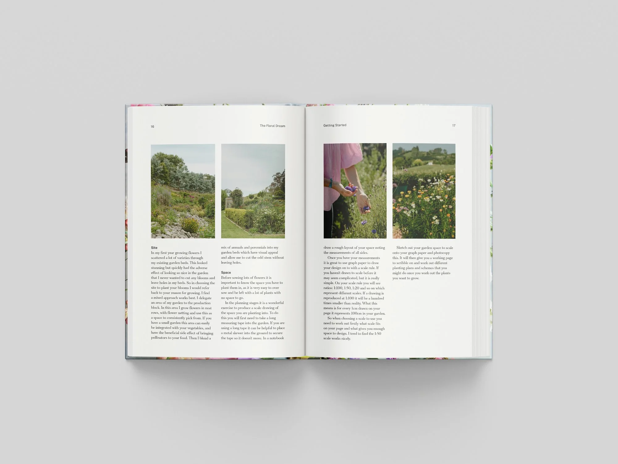 Open book spread showing publication design for The Floral Dream.