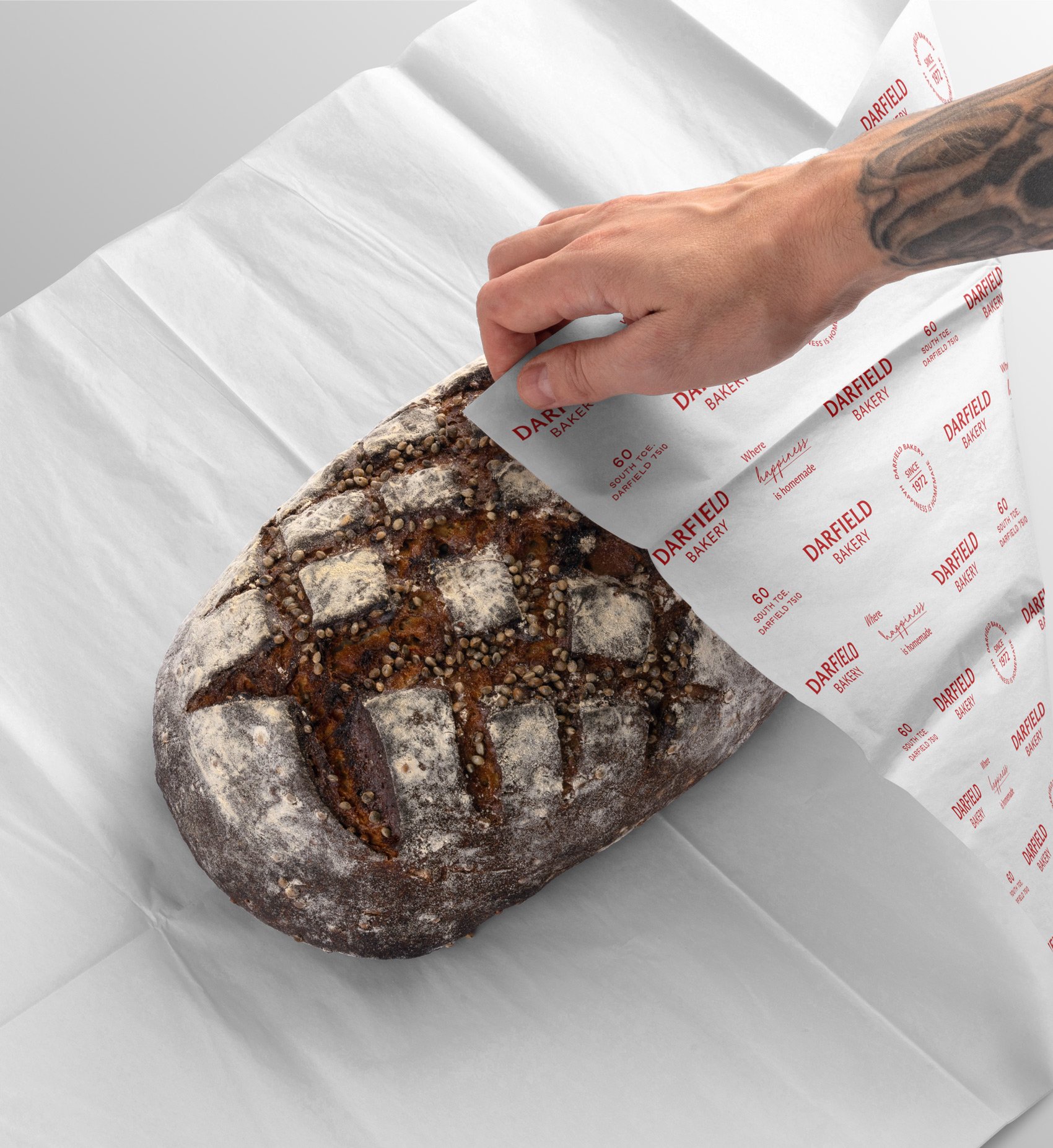 Branded bread packaging design for Darfield Bakery.