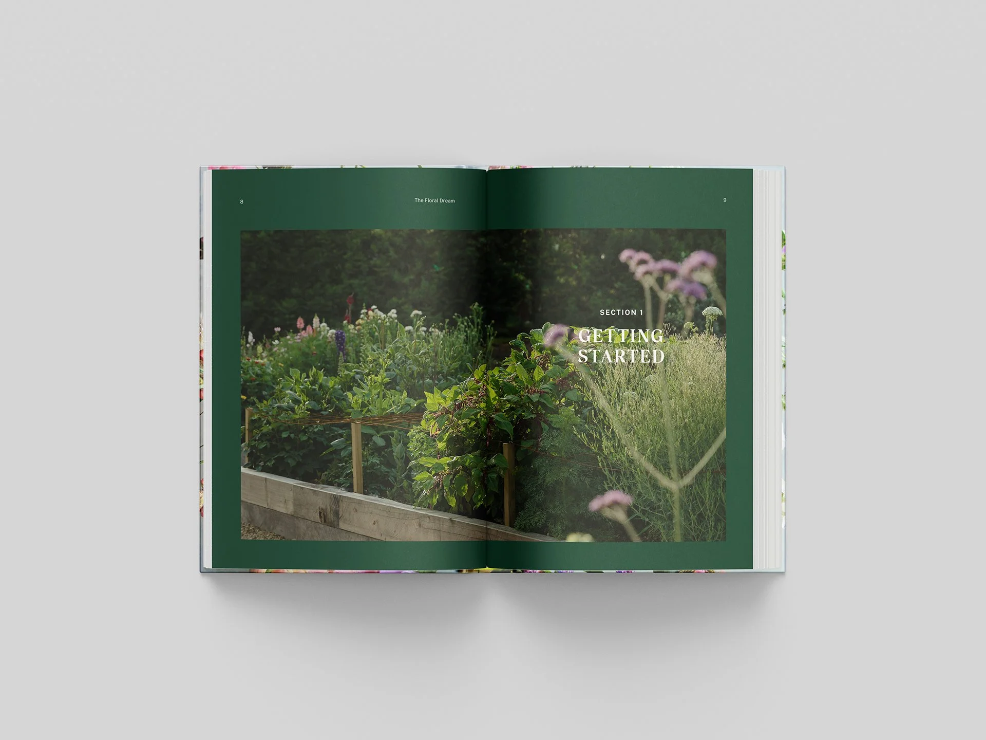 Section opener from The Floral Dream by Olivia McCord, with a full-bleed garden photograph and Getting Started title set in white type on deep green.