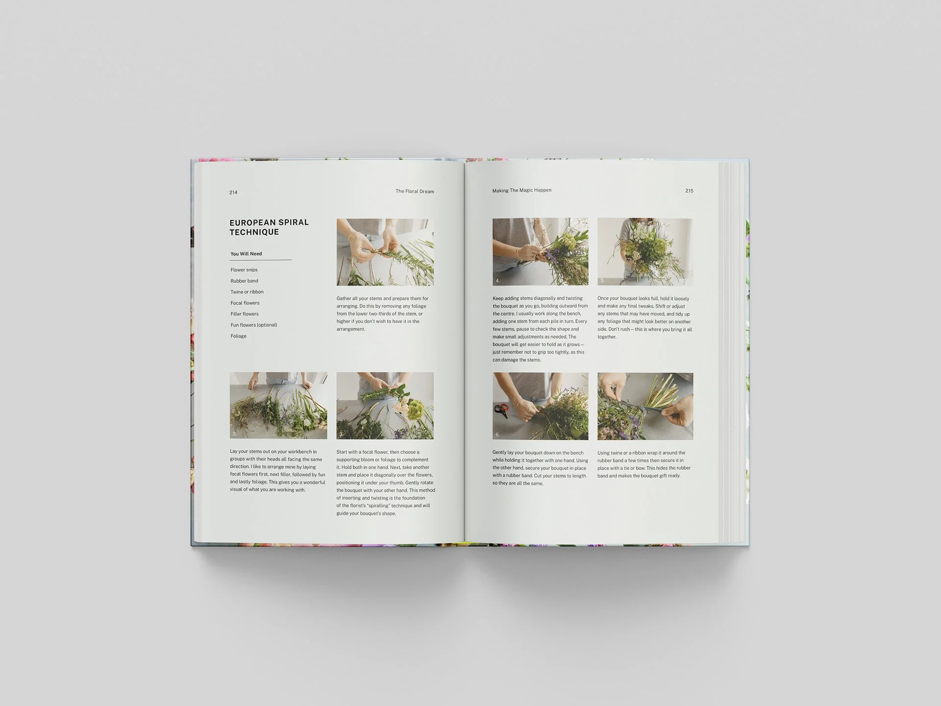 Open floral design book showing steps for creating a floral arrangement, including images and text instructions.