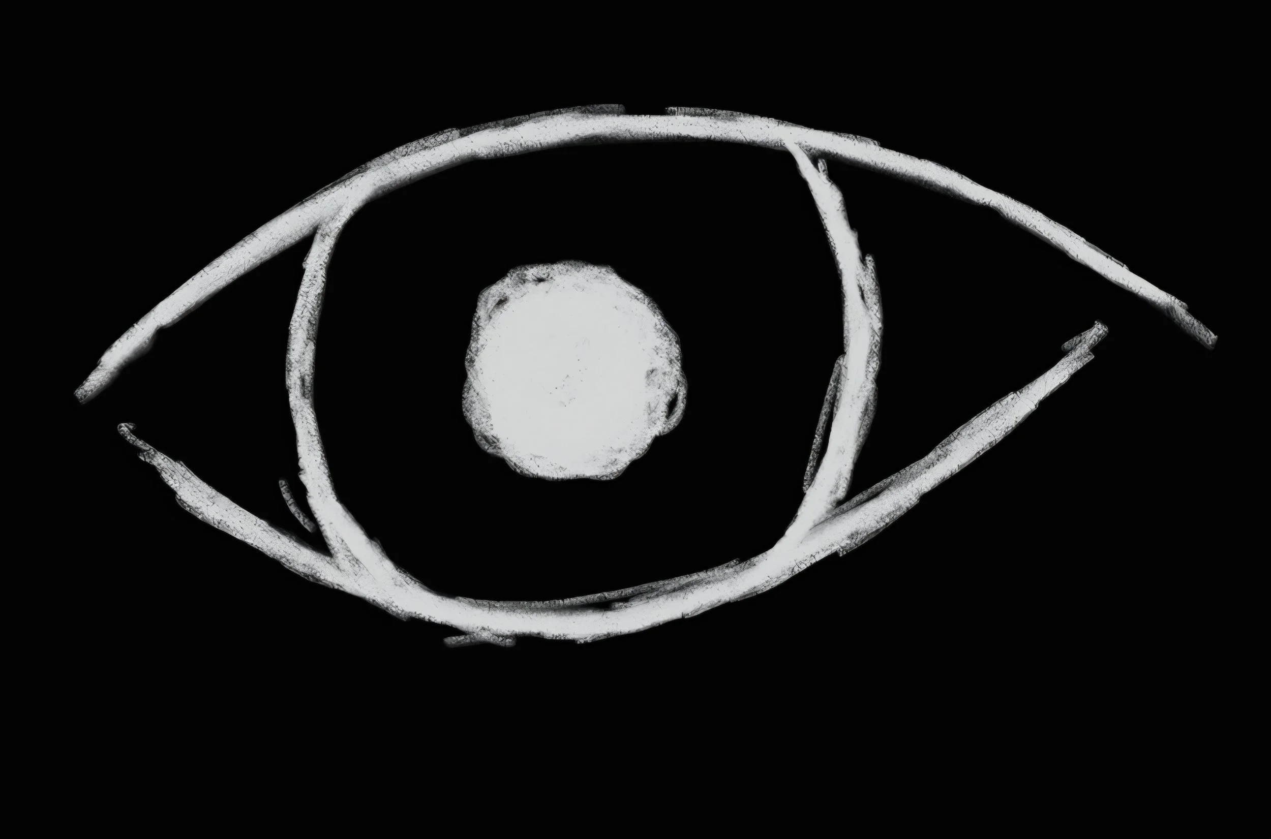 Black and white abstract drawing of an eye with a white circular shape in the center, surrounded by irregular lines resembling an eye iris.