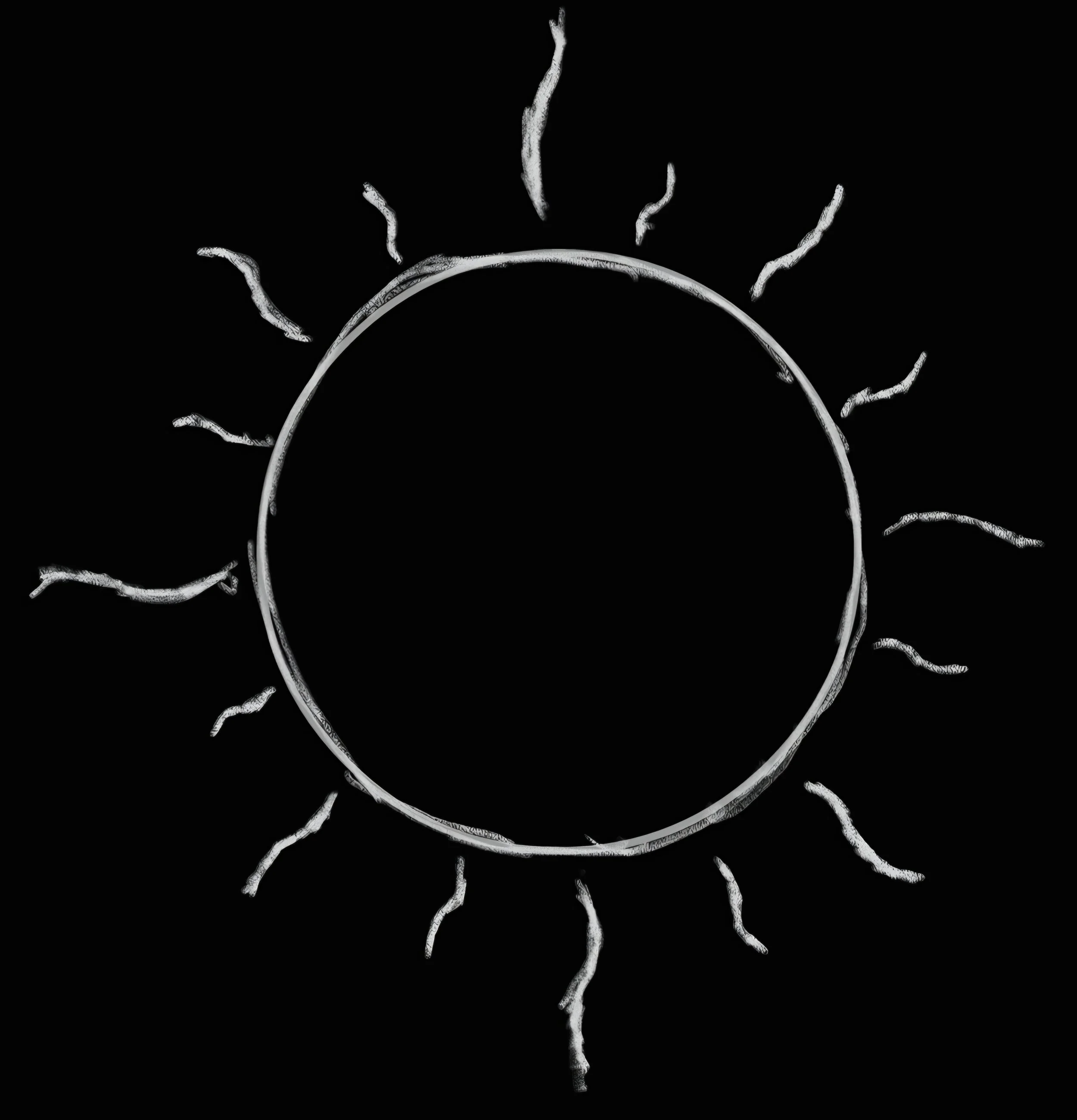 Black background with white line drawing of a sunrise over a semi-spherical horizon, with several wavy lines radiating outward, resembling sun rays.