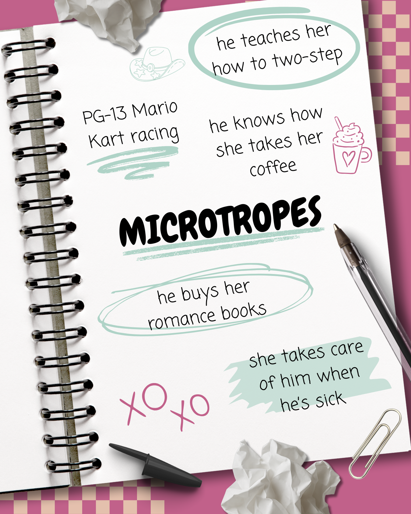 Notes with drawings and text on a spiral notebook page about microtropes, including examples like teaching her how to two-step, knowing how she takes her coffee, and buying her romance books. Various office supplies and crumpled paper are scattered around.