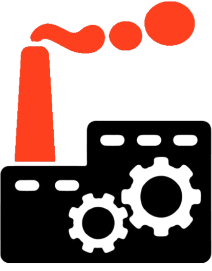 Icon of a factory with smoke coming out of the chimney and gears in front.