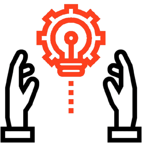 Two black hands holding a glowing red light bulb with a gear inside, symbolizing ideas and innovation.