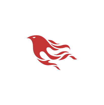 Red bird logo with flowing tail design on a white background.